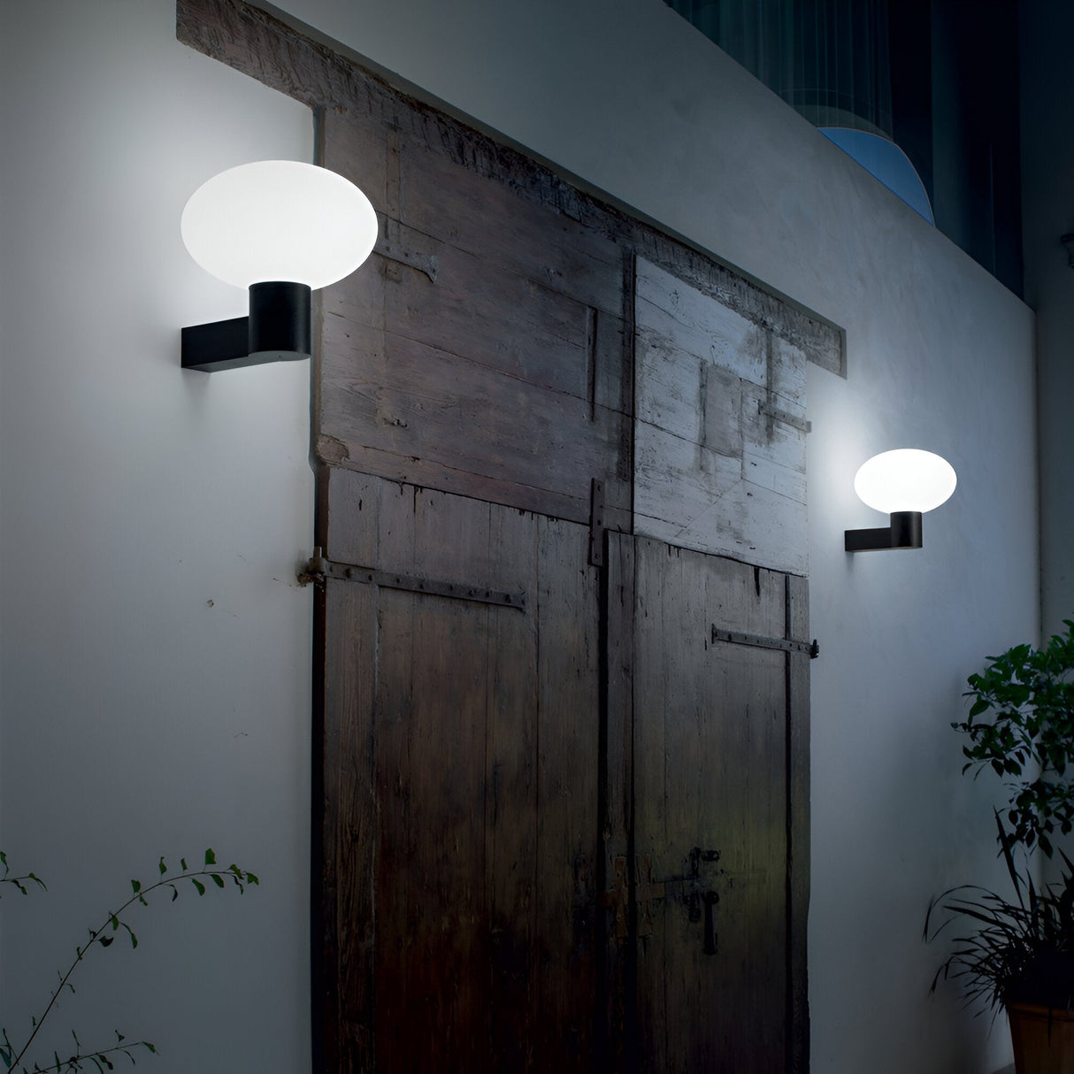 Two Photonix Wall Light - Black fixtures with round white shades illuminate a rustic wooden door. Their modern lighting creates a warm and inviting atmosphere, enhanced by the subtle touch of black powder coating and the presence of a plant in the lower right corner.