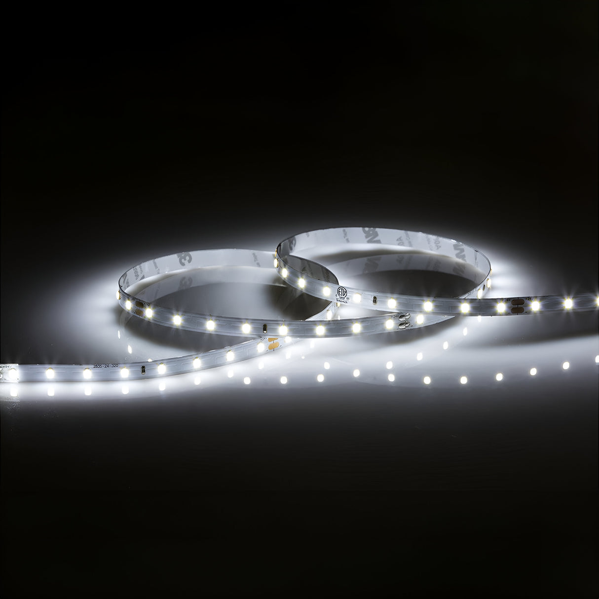 The 24V LED Strip Light 6000K - 5m glows brightly against a dark background. These flexible, dimmable strips emit a cool white light, softly illuminating the surroundings.
