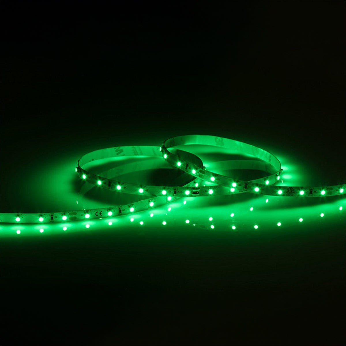 A 24V Green LED Strip Light - 1m is elegantly arranged in two overlapping rings against a dark background, emitting a vibrant and dimmable hue.