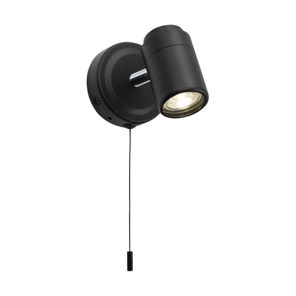 The Bathroom Single Wall Spotlight - Matt Black is a contemporary GU10 wall light with a cylindrical adjustable head and a matt black finish. It includes a pull cord for convenient operation, directing light downward to accentuate its sleek and minimalist design.