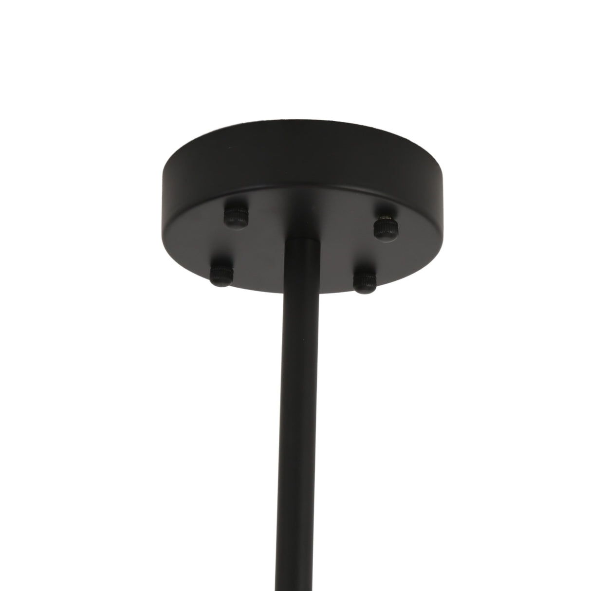 Close-up of the Tree 8 Light Suspension - Black, featuring a black round ceiling mount with a vertical rod extending downward, part of a modern chandelier, shown against a plain white background.