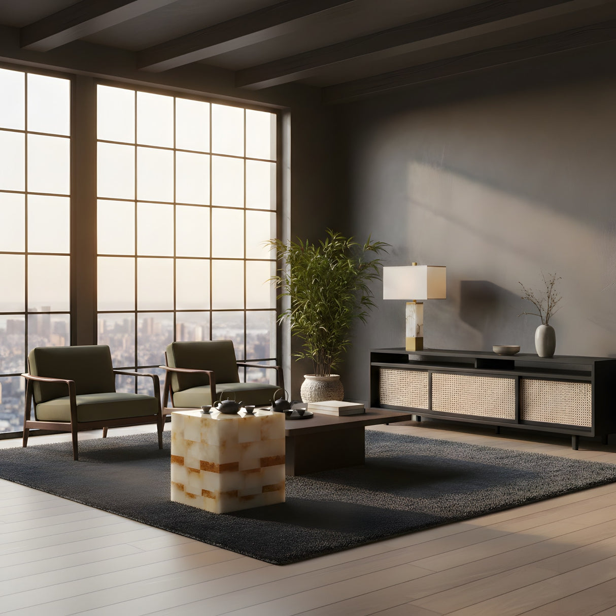 A modern living room with large windows, city views, two green armchairs, a square coffee table, dark rug, sideboard with decor, tall plant, and a Stratare 1 Light Small Stratified Alabaster Floor Lamp in soft white illuminating the space.