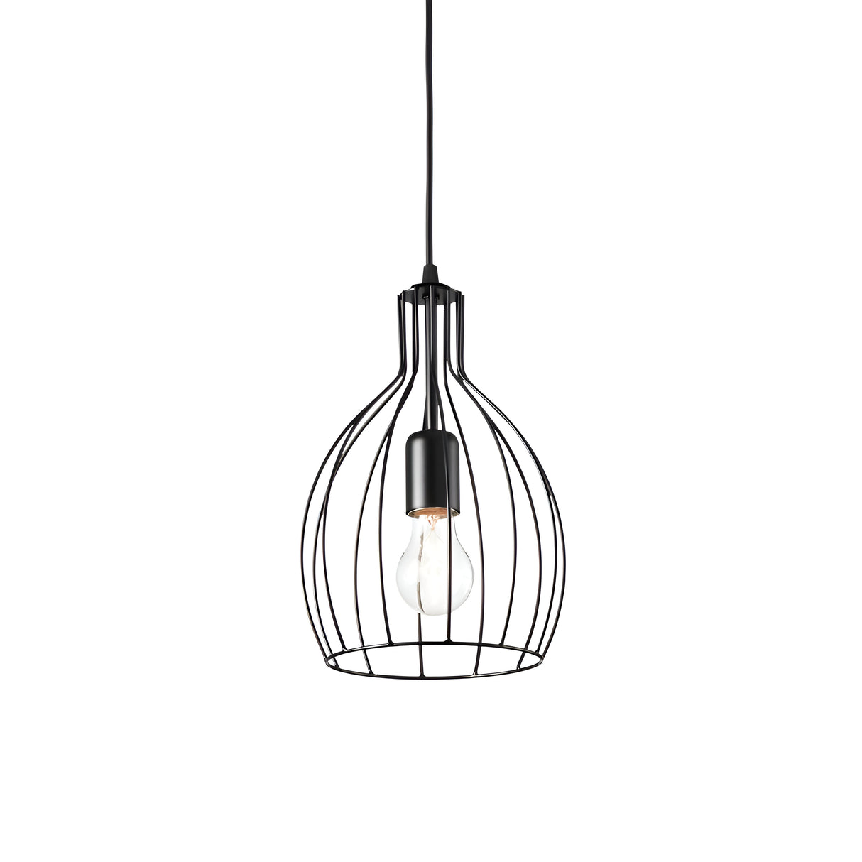 The Tone-2 1 Light Pendant - Black features a black-finished metal wire cage that elegantly suspends an exposed bulb from a cord, set against a white background. Its design captures modern simplicity with a hint of industrial charm in its minimalist appeal.