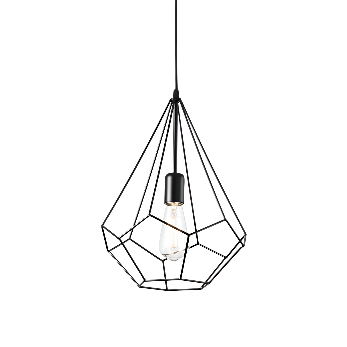 The Tone-3 1 Light Pendant - Black embodies industrial elegance with its minimalist design, featuring a geometric black wireframe encasing an exposed bulb and hanging gracefully from a cord.