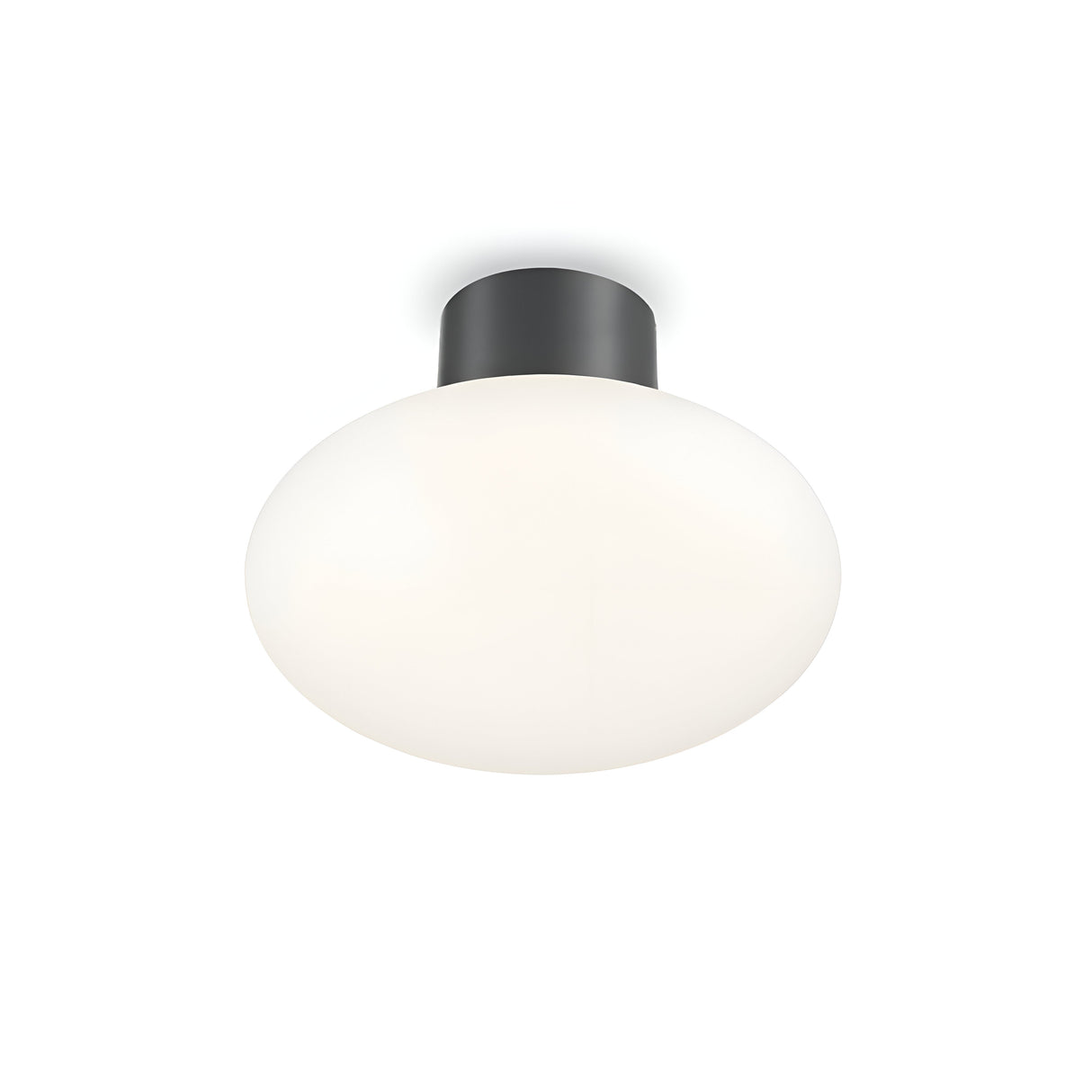 The Photonix Ceiling Light - Anthracite features a contemporary design, boasting a round, opaque white glass shade paired with a sleek matte black circular base, expertly crafted to deliver balanced ambient lighting.