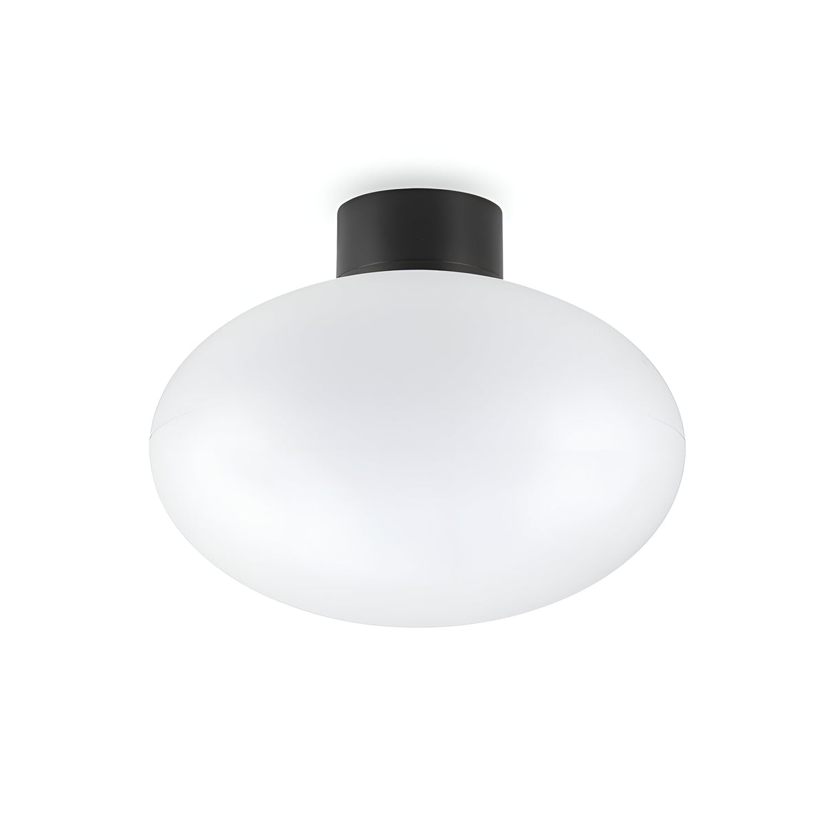 The Photonix Ceiling Light - Black combines a minimalist design with a smooth, opaque white glass dome and a contrasting black base. Its modular aluminum frame adds to its versatility, making it perfect for various interior styles.