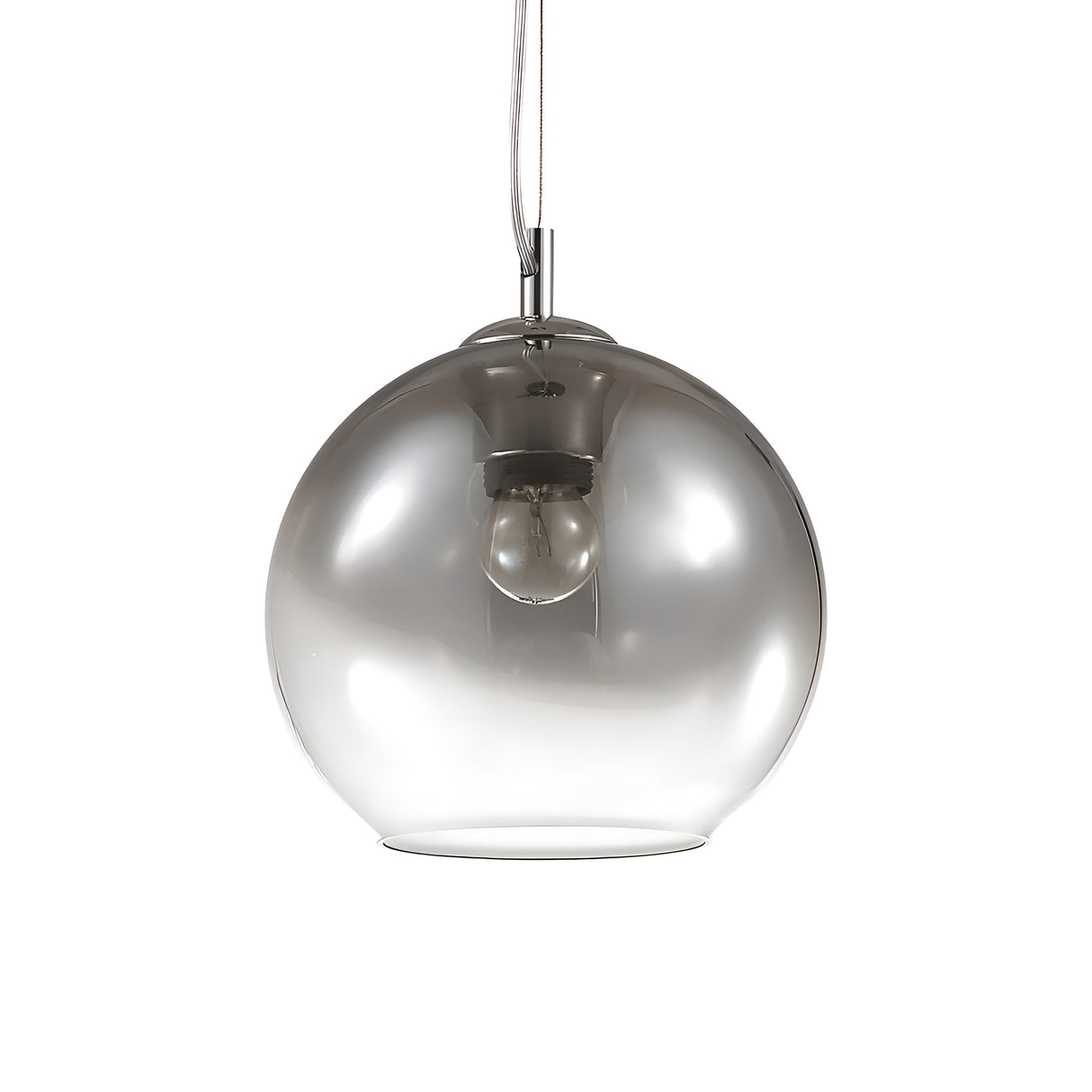 The Emberlyte Large 1 Light Glass Pendant in silver, measuring 30cm, features a sleek design with a visible bulb hanging elegantly from a wire. Its smooth, transparent glass softly reflects light, enhancing modern interior lighting schemes. With its minimalistic design and dimmable functionality, it is perfect for contemporary spaces, offering both style and versatility.