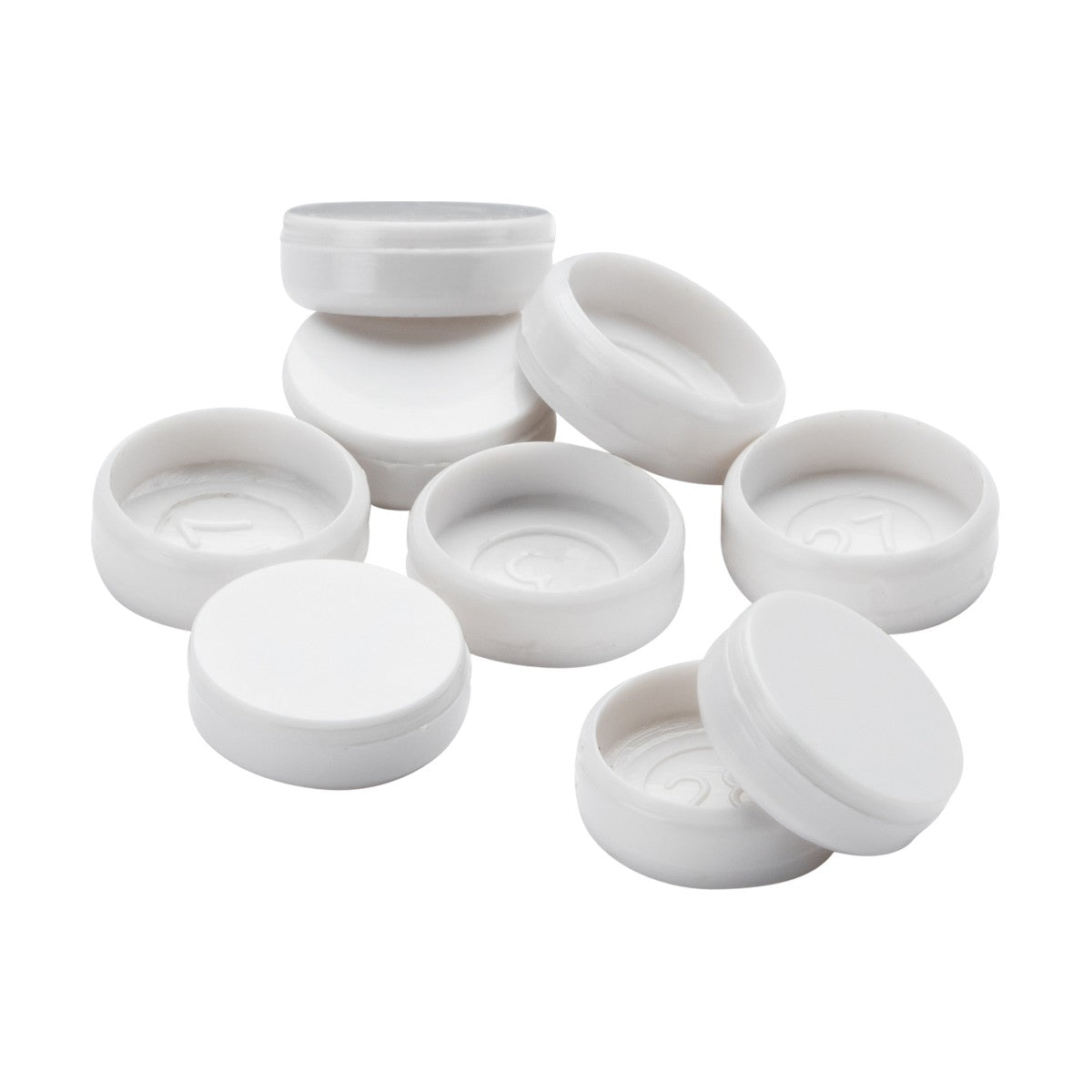 A set of white, round plastic Spare Screw Cap Covers For Curved Grid Series (100 Pack), some with lids on and others open, are arranged on a plain white background, similar to product specification images for storage accessories.
