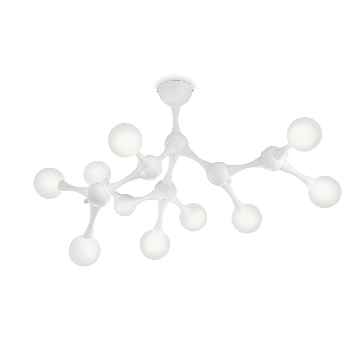 The Emblazeno 9 Light Semi Flush - White chandelier features a contemporary, molecular-inspired design with spherical bulbs and gracefully curved stems, offering dimmable lighting. This modern fixture is semi-flush mounted for a sophisticated ceiling presence.