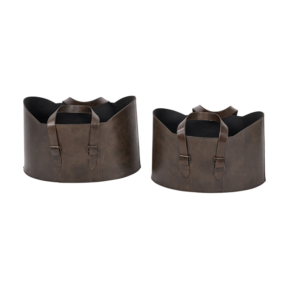 Alessio Set of 2 peppercorn leather storage boxes, 34cm tall, with wavy-edge tops, stitched handles, and buckle straps, shown on a plain white background.
