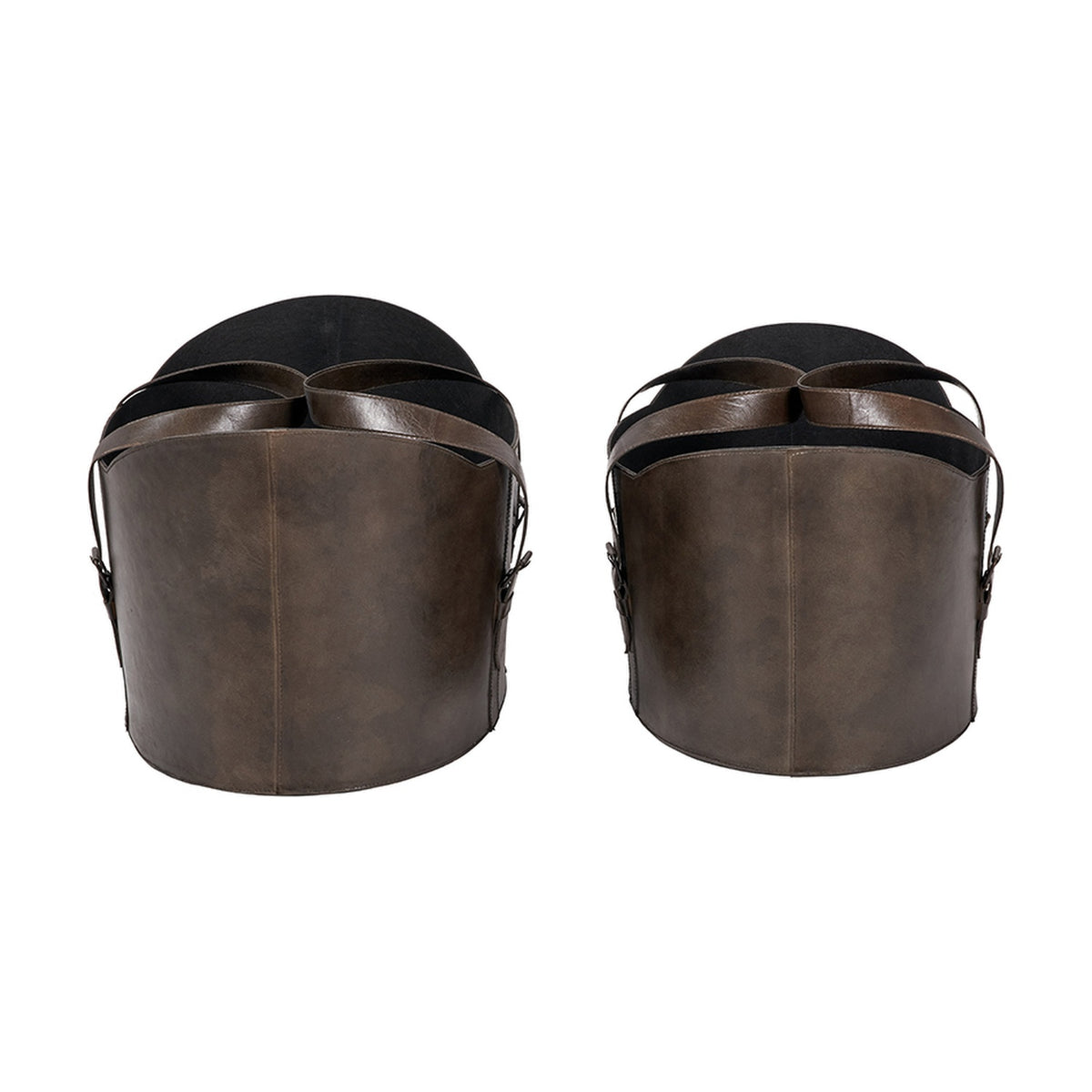 Set of two round peppercorn leather storage boxes, 34cm tall, with black fabric lids and looped leather handles, shown on a plain white background.
