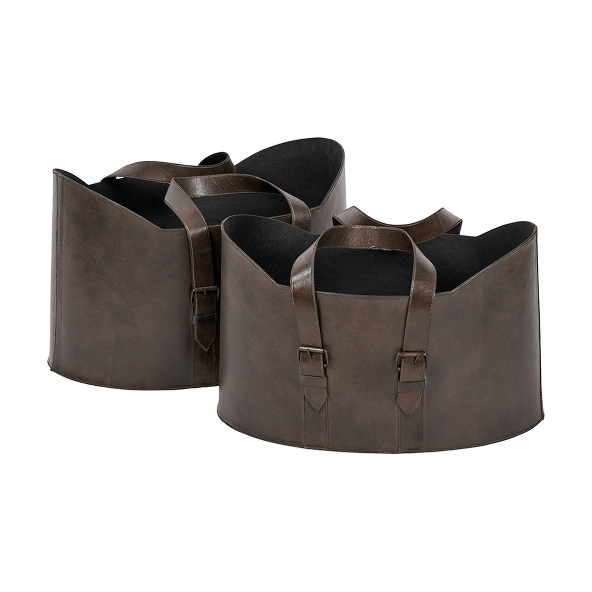 Set of 2 Alessio storage boxes in peppercorn leather with black felted interior, curved sides and buckled leather handles, shown on a plain white background.