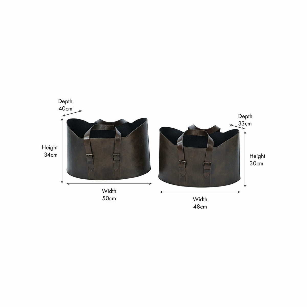 Alessio Set of 2 Peppercorn Leather Storage Boxes with dark leather handles and buckle straps, shown with dimensions on a white background.