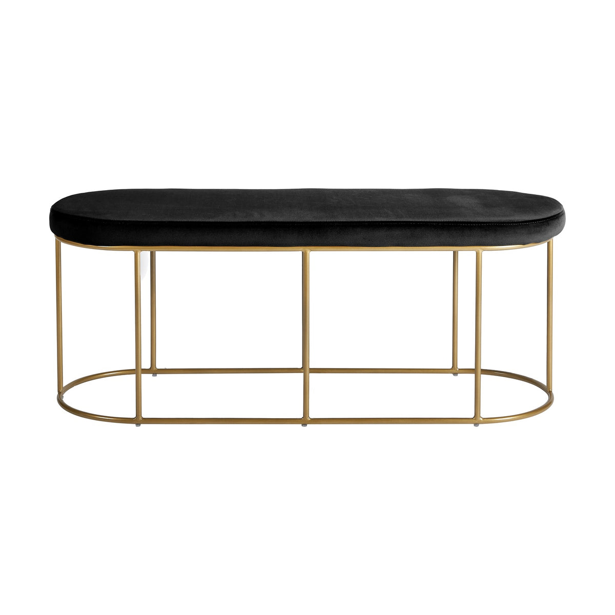 Nino Black Velvet & Gold Iron Bench, 106cm, with an oval black velvet seat on a gold iron frame with round legs, shown on a plain white background.