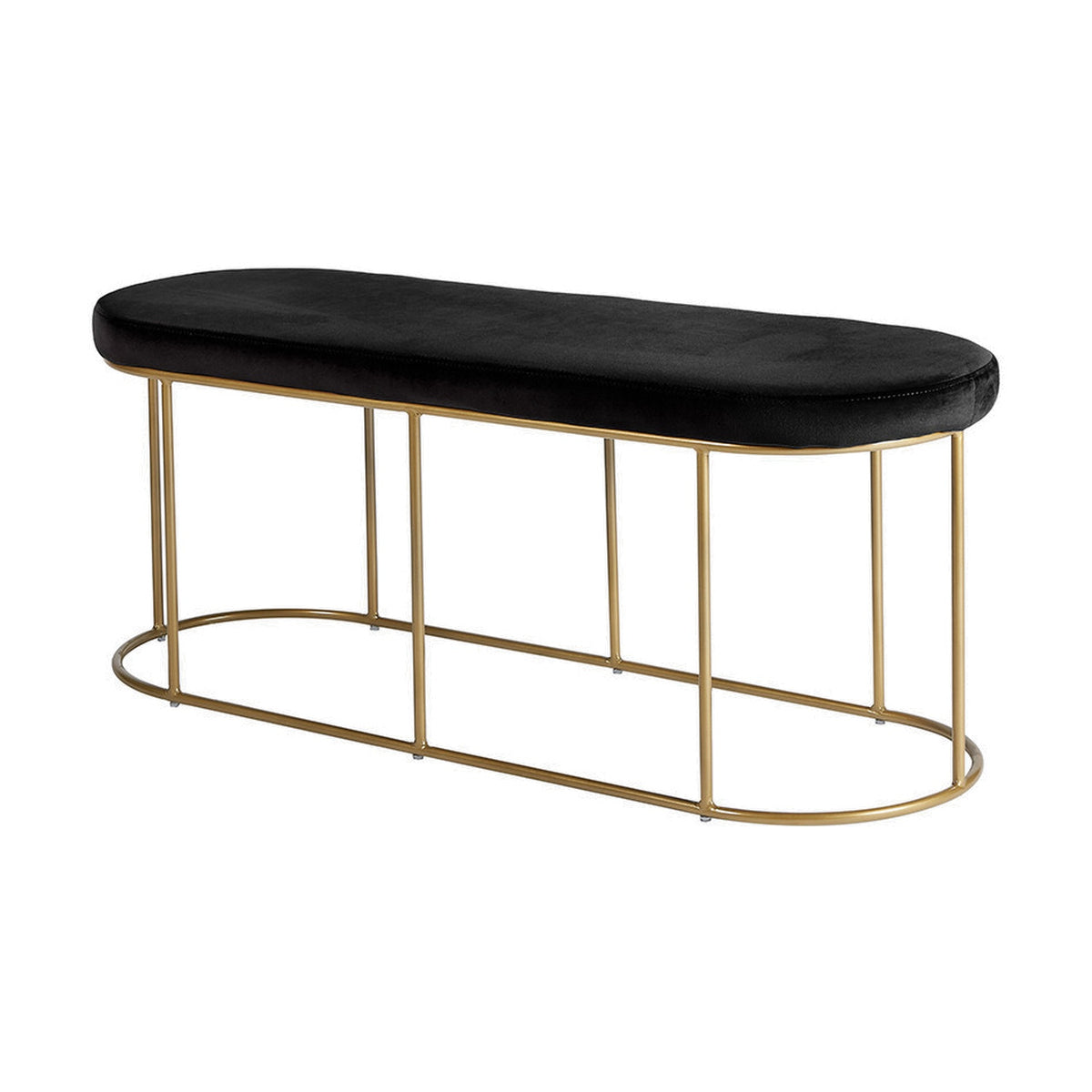 Nino Black Velvet & Gold Iron Bench - 106cm, oval upholstered top with slim gold iron legs and oval base frame, shown on a plain white background.