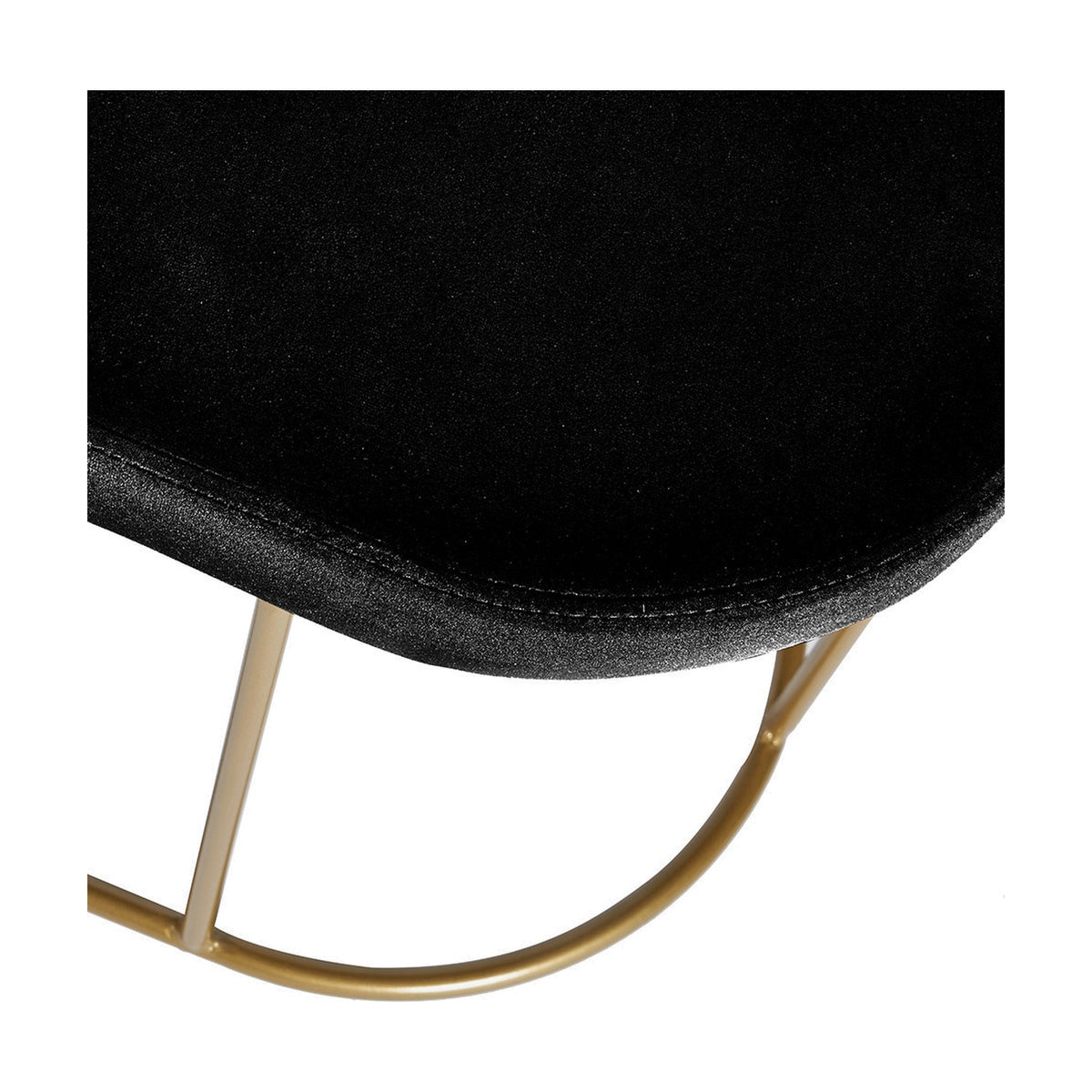 Close-up of the Nino Black Velvet & Gold Iron Bench, showing the stitched black velvet seat edge and curved gold iron leg detail on a plain white background.