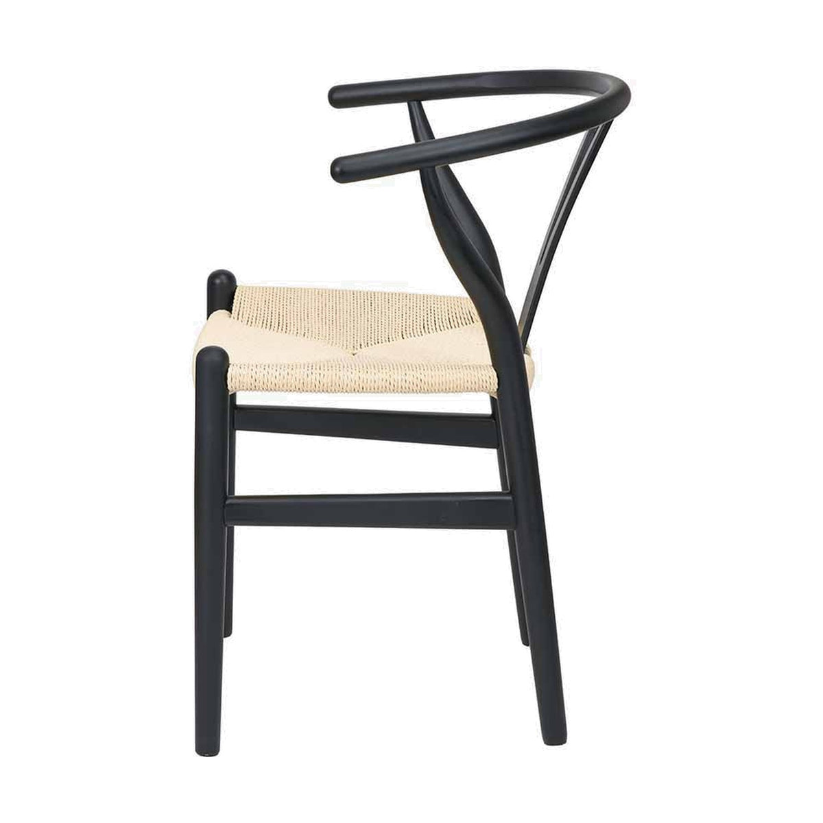 Quinn Black Beech & Paper Rope Dining Chair shown side-on, with curved black wooden frame, Y-shaped backrest, woven paper rope seat, and slender tapered legs on a plain white background.