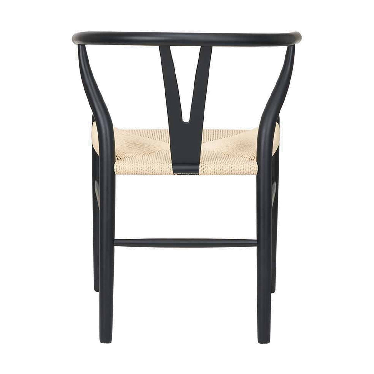Rear view of the Quinn Black Beech & Paper Rope Dining Chair, showing a curved black wood frame, Y-shaped back support, and woven paper rope seat on a white background.