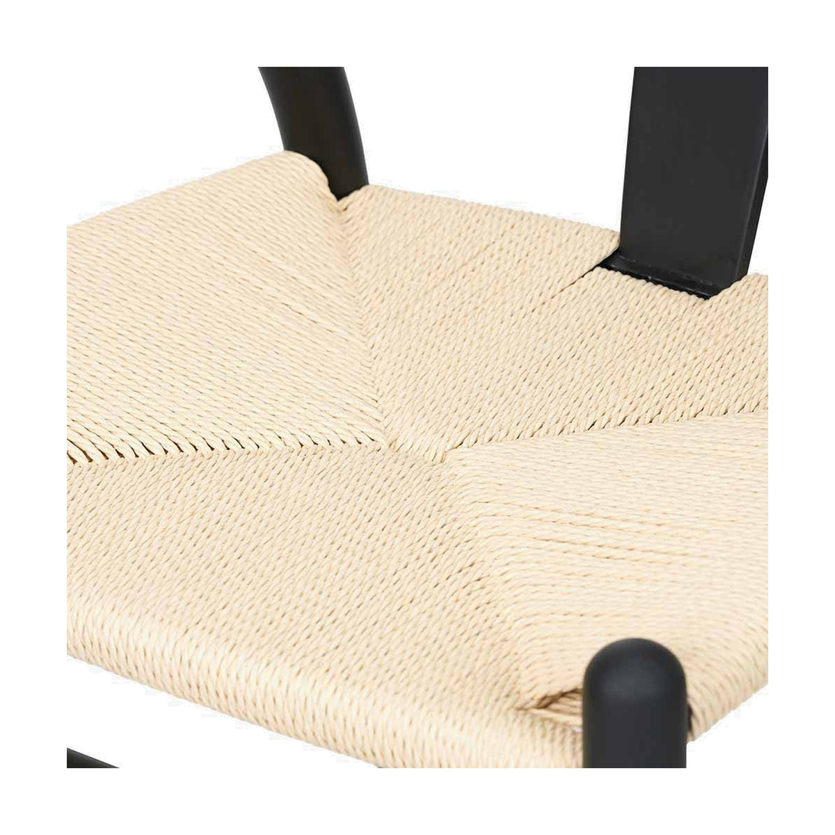 Close-up of the Quinn Black Beech & Paper Rope Dining Chair, showing woven natural paper rope seat with black beech frame and legs.