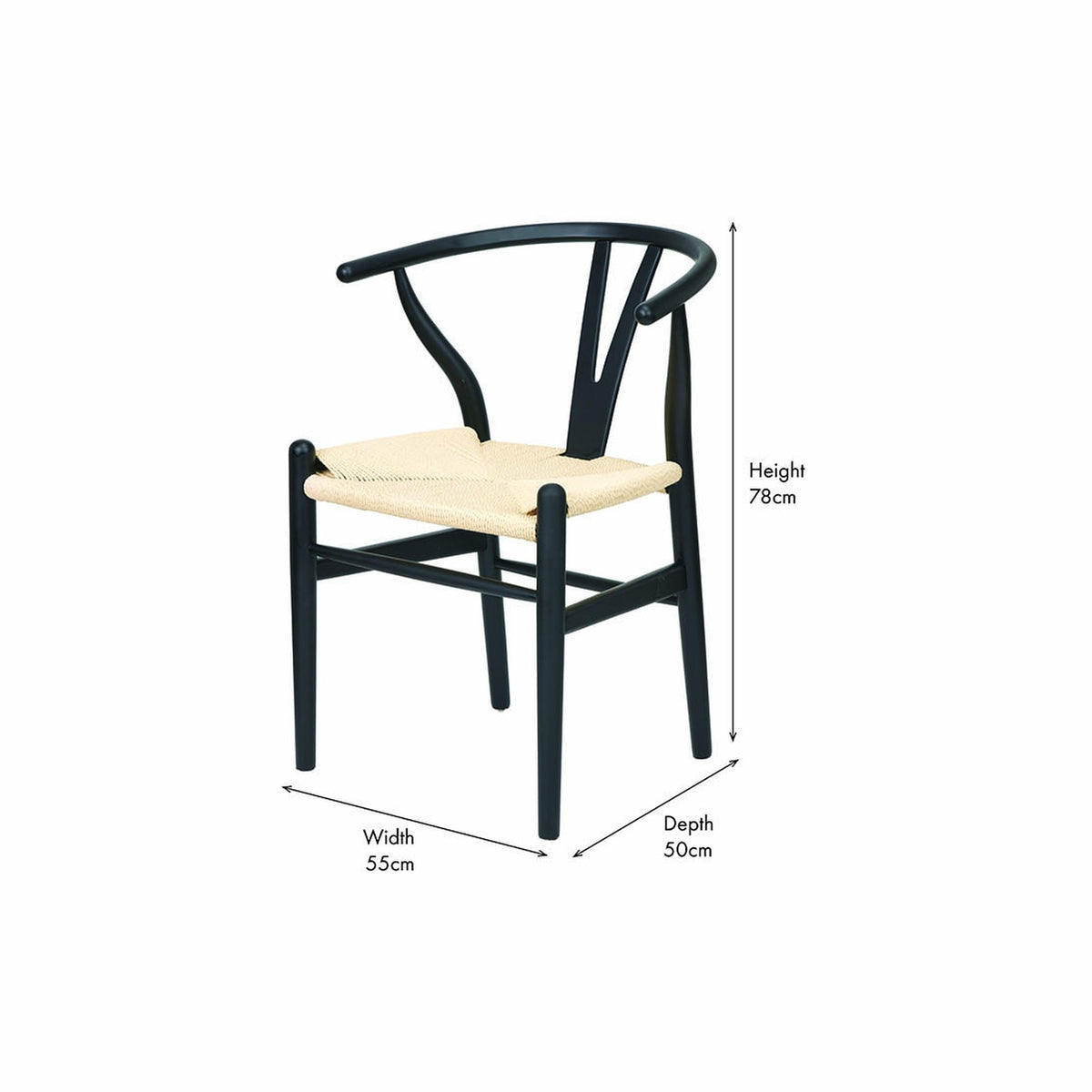 Quinn Black Beech & Paper Rope Dining Chair with curved wishbone backrest, black wooden frame, and woven paper rope seat, shown with dimensions 78cm height, 55cm width, 50cm depth.