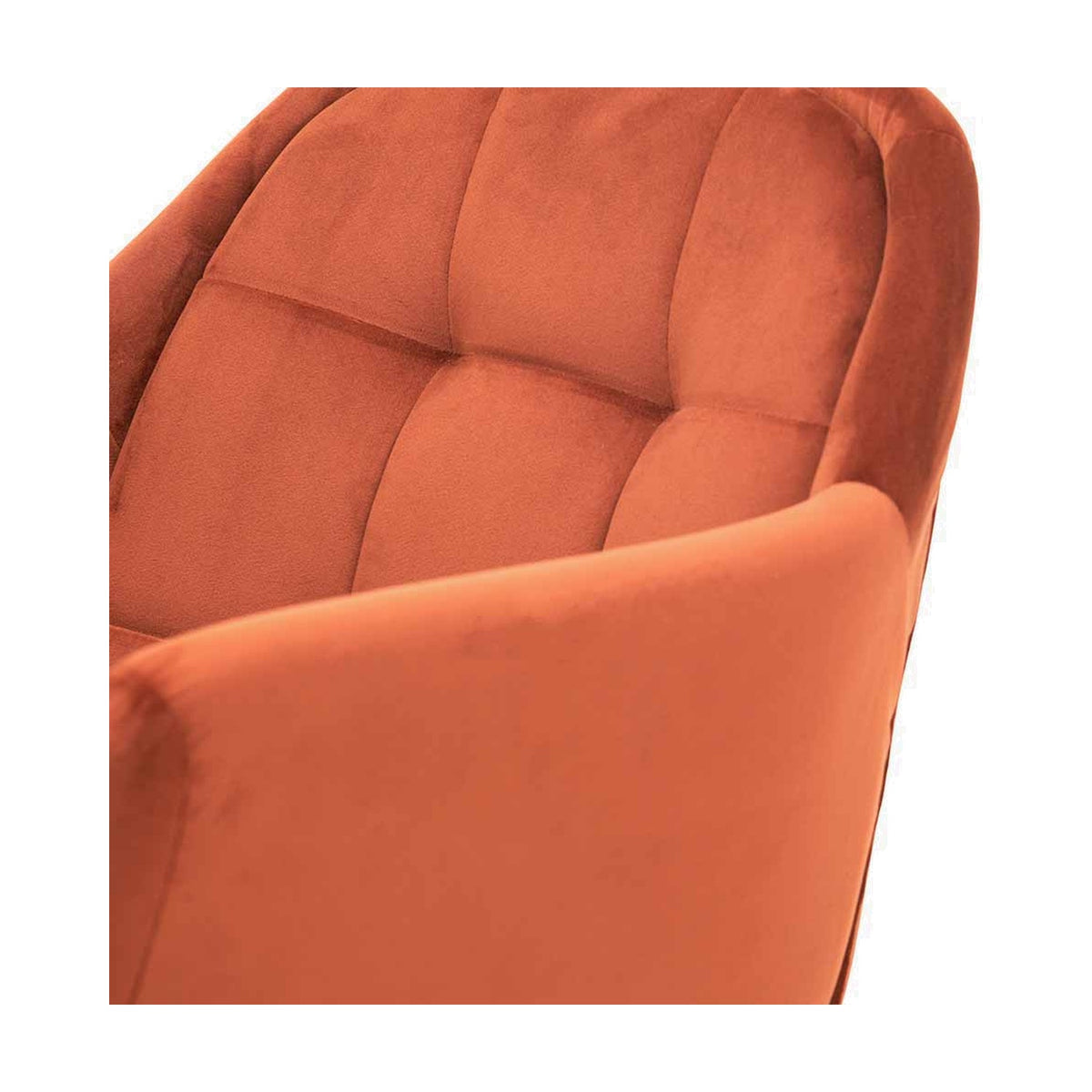 Close-up of the Alba dining chair showing cinnamon velvet upholstery with channel tufting and a curved backrest against a plain white background.