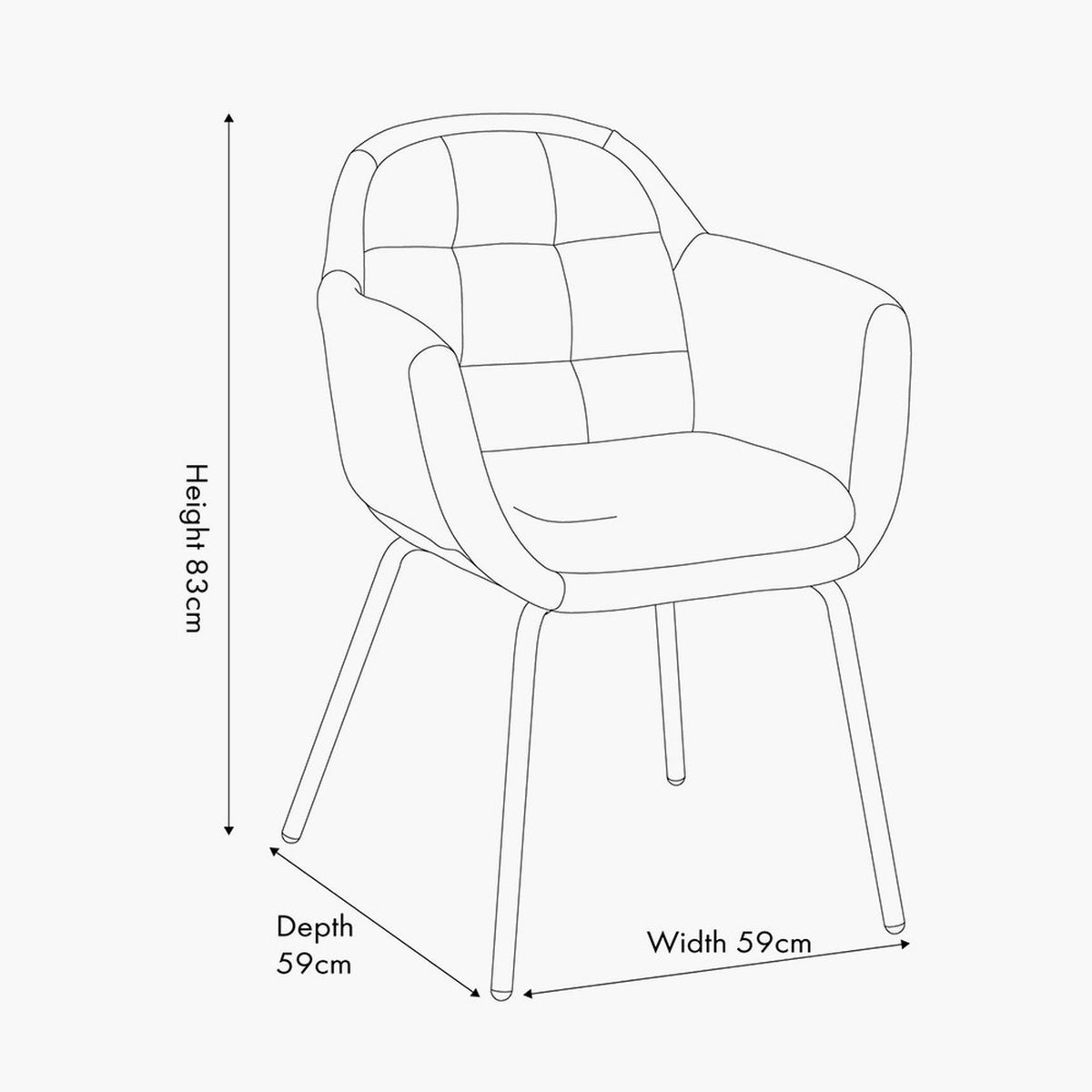 Line drawing of the Alba Cinnamon Velvet & Black Metal Carver Dining Chair showing quilted upholstery, curved arms and metal legs, with height 83cm, depth 59cm and width 59cm labelled.