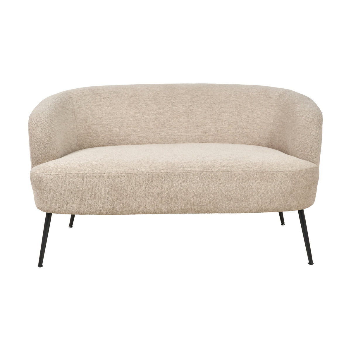Aviana Taupe Teddy & Black Metal Sofa, 130cm, with curved bouclé-style upholstered back and seat on slim black metal legs, shown on a plain white background.