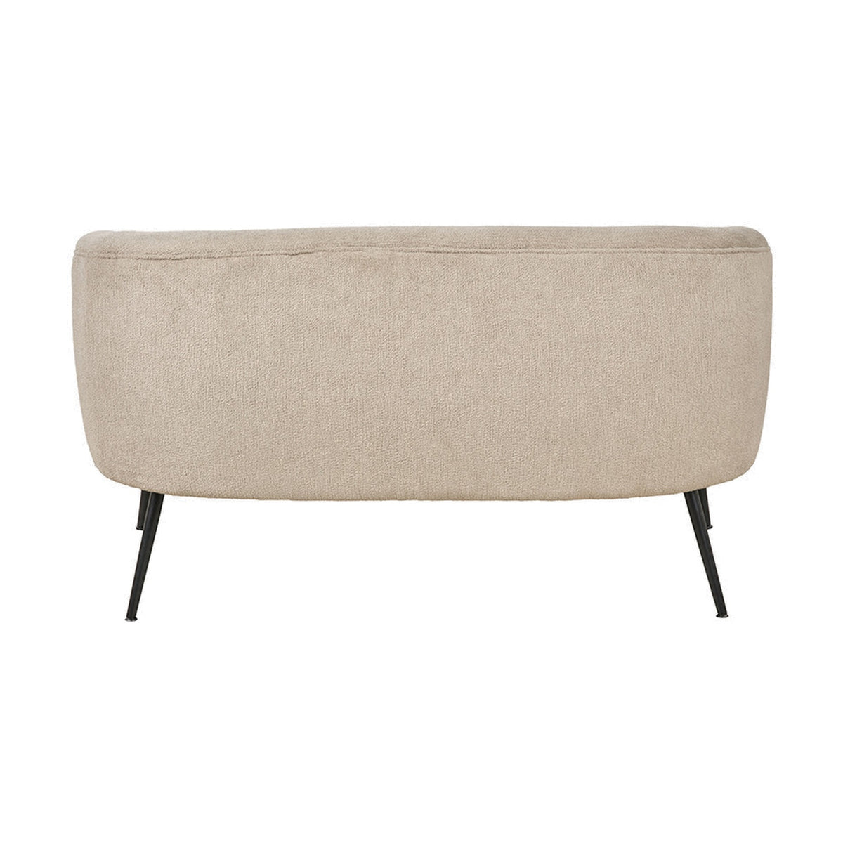 Rear view of the Aviana 130cm sofa in taupe teddy fabric with a rounded backrest and slim black metal legs, shown on a plain white background.