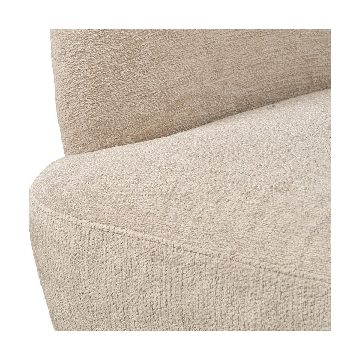 Close-up of the Aviana sofa's curved seat and back cushion in taupe teddy fabric, showing the textured bouclé-style upholstery and rounded seam detail.