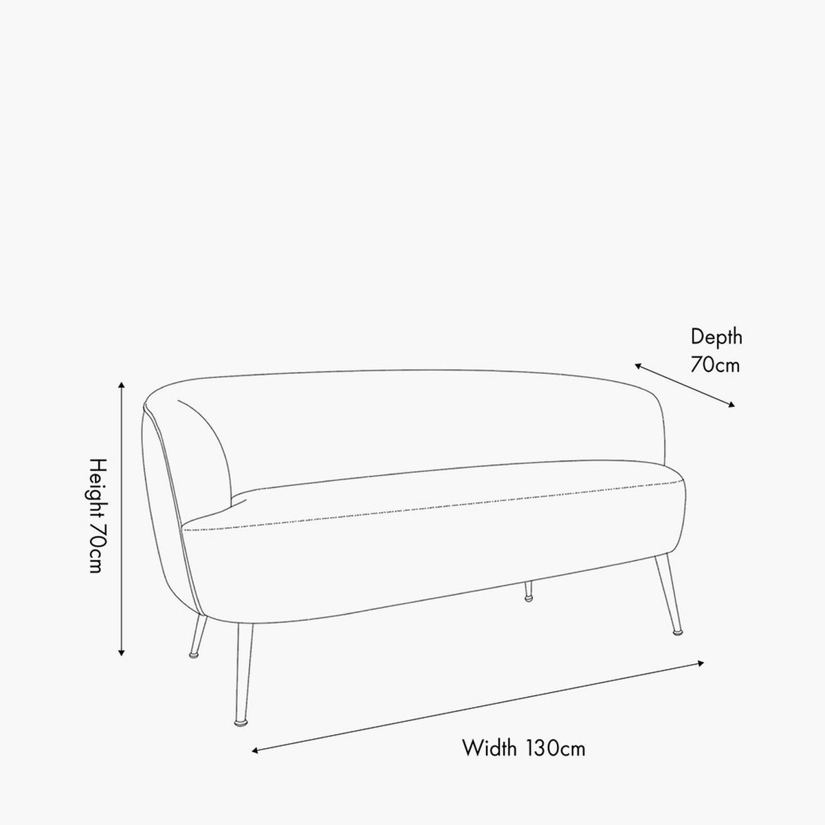 Line drawing of the Aviana sofa showing dimensions: 130cm width, 70cm depth, and 70cm height, with curved back and tapered metal legs, on a white background.