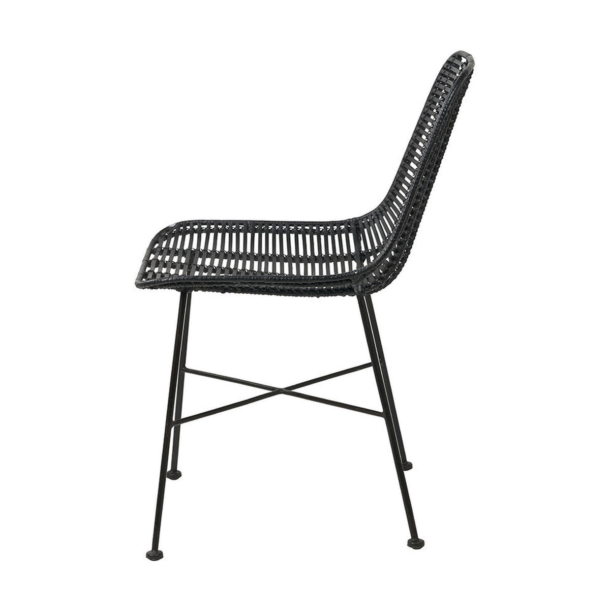 Side view of the Black Rattan Core & Iron Dining Chair, showing a woven black rattan seat and curved backrest on slim black iron legs with cross-brace support, set against a plain white background.