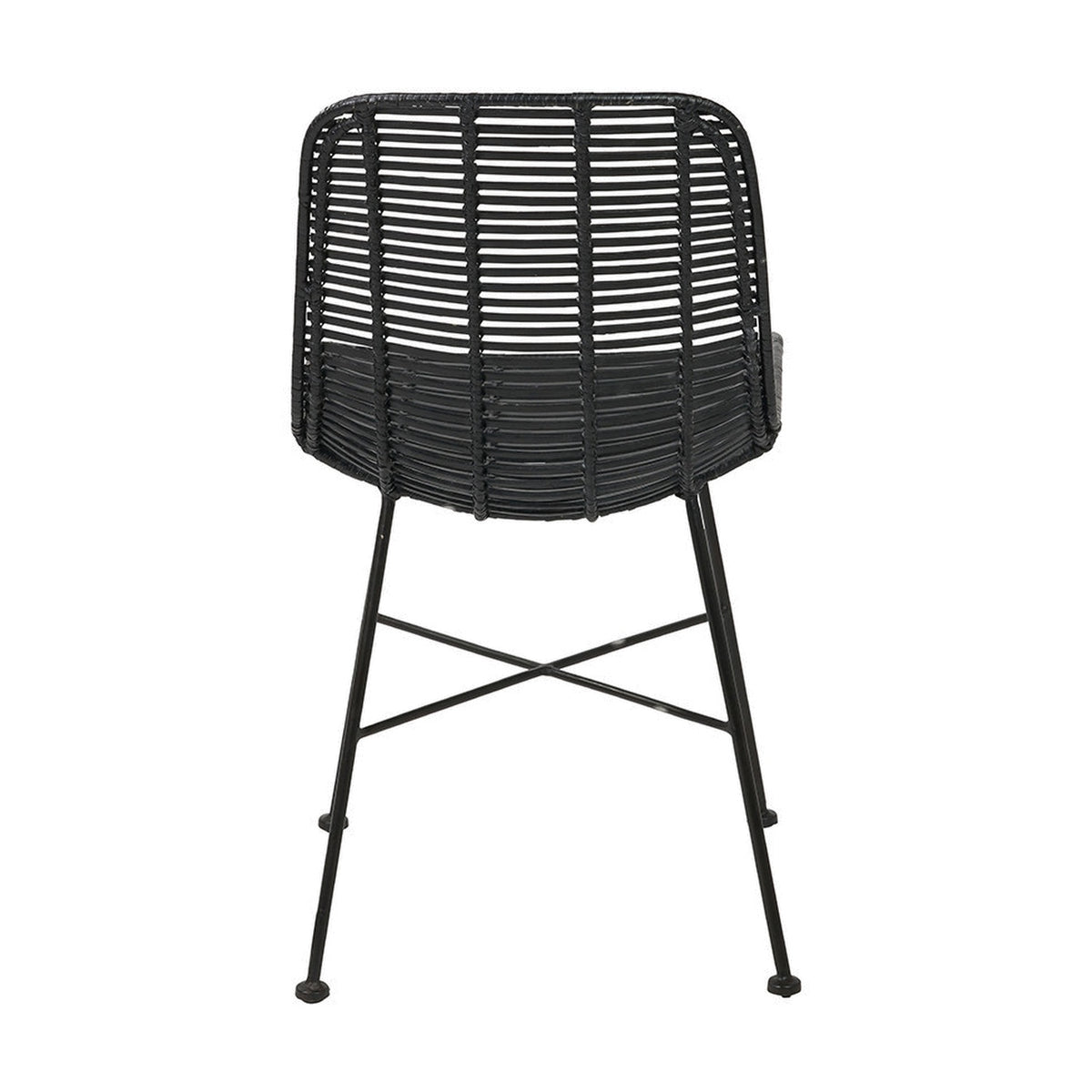 Black Rattan Core & Iron Dining Chair, rear view showing woven rattan back panel, black metal legs with cross-brace support, on a plain white background.