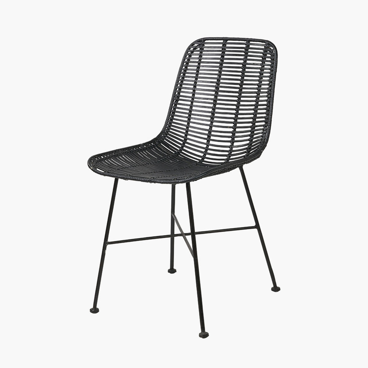 Black Rattan Core & Iron Dining Chair with woven rattan seat and back on a black metal four-leg frame with cross bar support, shown on a plain white background.