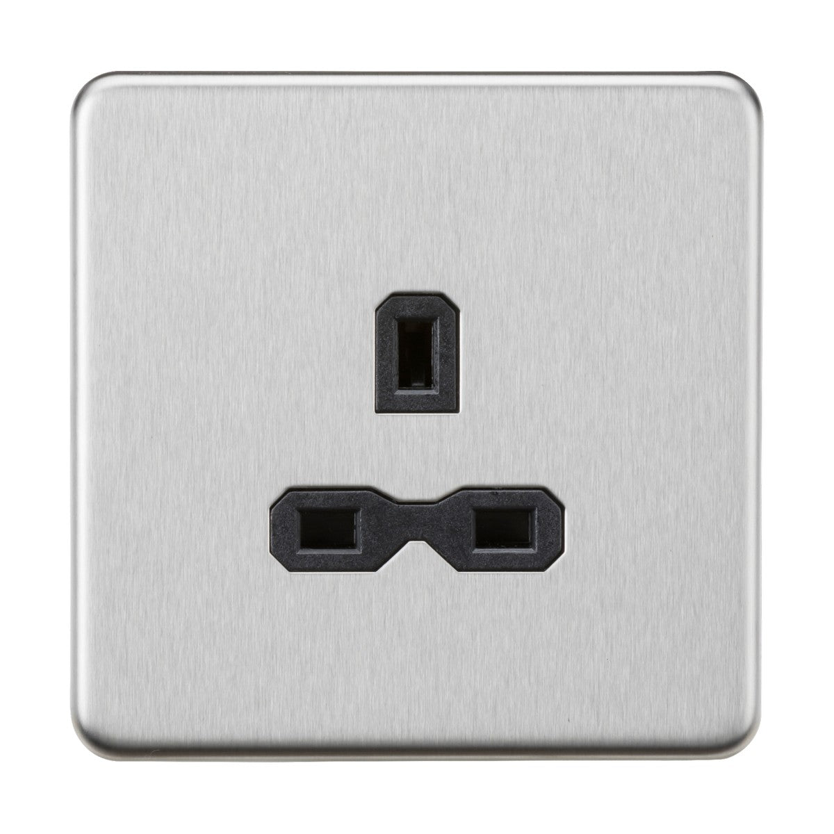 A close-up of the 13A 1 Gang Unswitched Socket reveals its screwless metal design, featuring three rectangular holes in a vertical formation. The top hole is smaller, and the two larger bottom holes are horizontally aligned. With its brushed chrome finish and black insert, this socket adds sleek elegance to its metallic appearance.