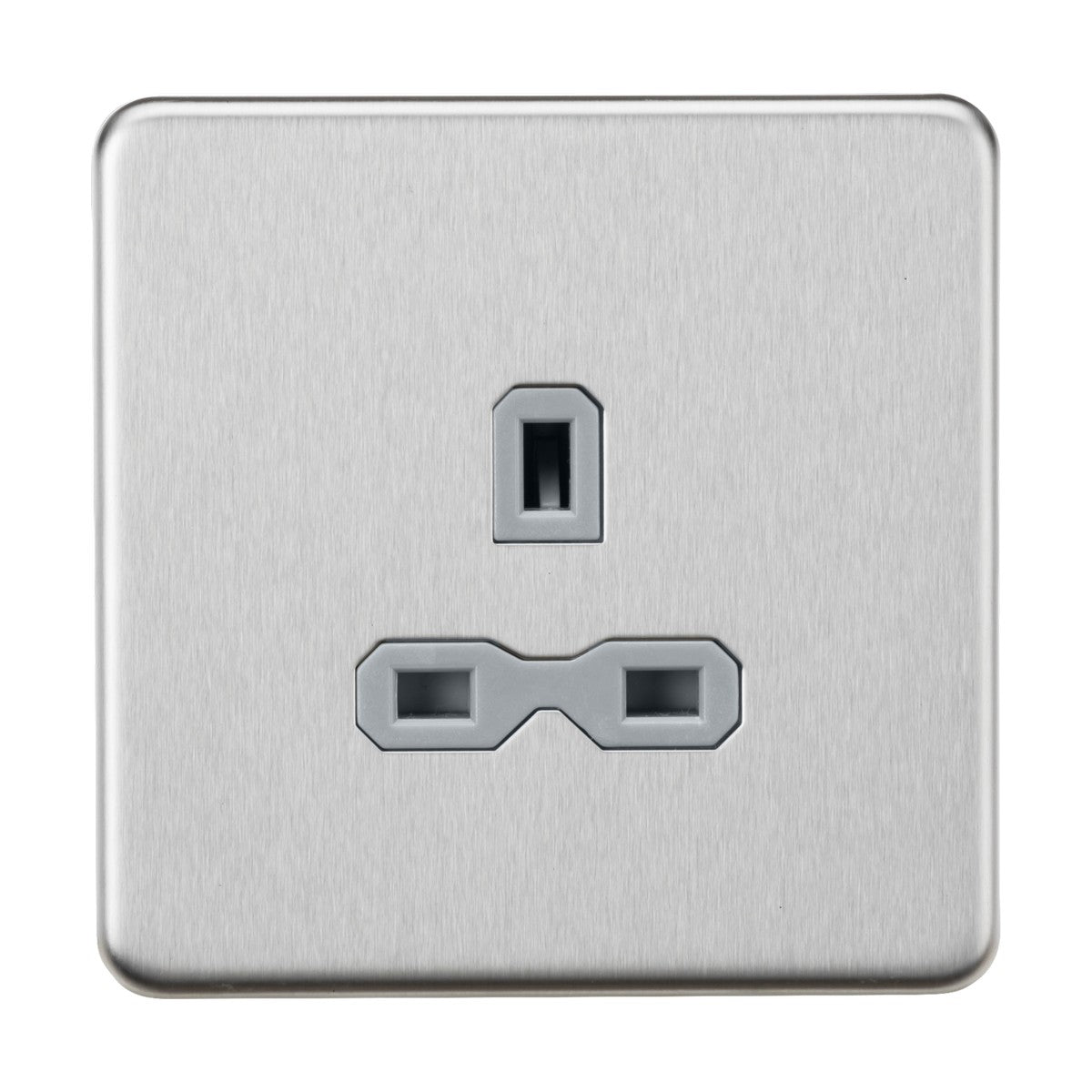 The 13A 1 Gang Unswitched Socket in Brushed Chrome with a grey insert showcases a minimalistic, modern look. This square electrical wall socket features three pins: one vertical at the top and two horizontal at the bottom, all within a sleek, screwless design.