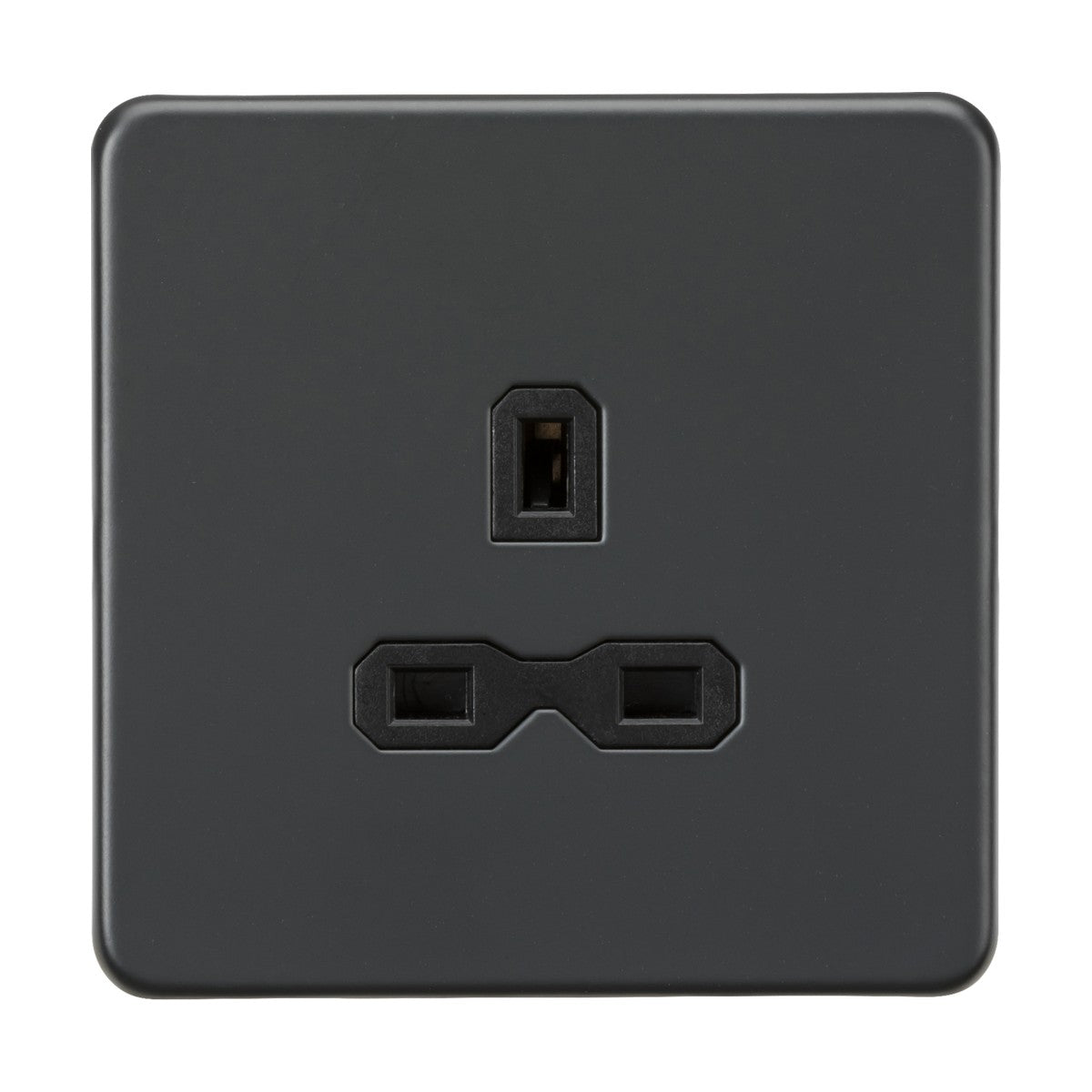 An Anthracite-colored 13A 1 Gang Unswitched Socket with a black insert showcases a sleek screwless flat plate design and features three rectangular holes: one vertical slot above two horizontal slots, ideal for power plugs.
