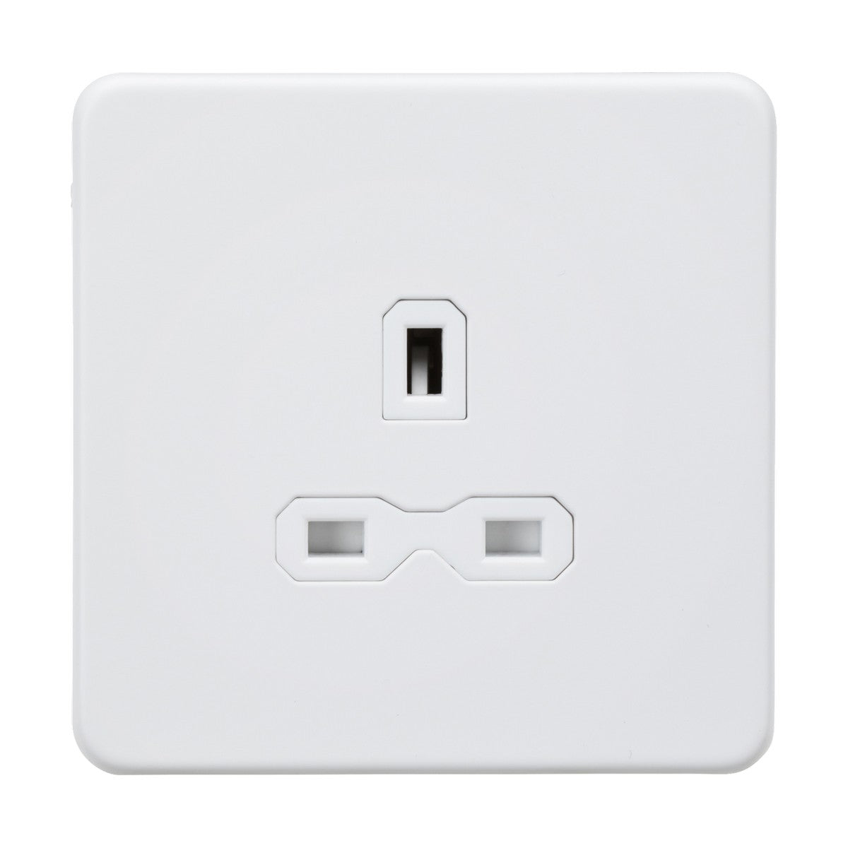 The 13A 1 Gang Unswitched Socket in a Matt White finish features a minimalist Screwless Flat Plate design with three vertically aligned rectangular slots, where the top slot is centrally placed above two parallel bottom slots, exuding an elegant touch.