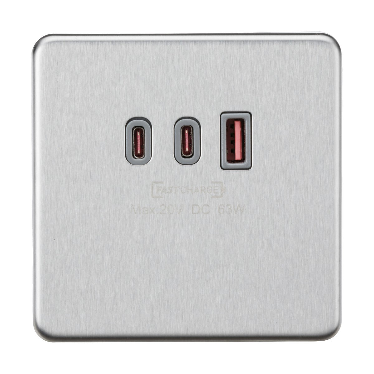 The Triple USB Charger Plate 2xUSB-C 1xUSB-A in a brushed chrome finish with a grey insert is ideal for hot desking environments. It features two USB-C ports and one USB-A port, offering fast charging with specifications of up to 20V and 68W, making it perfect for efficient USB-C charging.