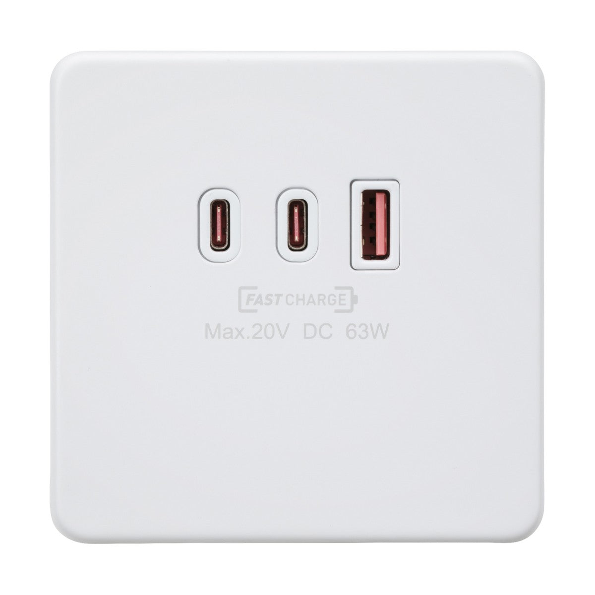 A matt white Triple USB Charger Plate with a sleek, screwless design features three ports: two USB-C and one USB-A, labeled FAST CHARGE, with a maximum specification of 20V DC 63W.