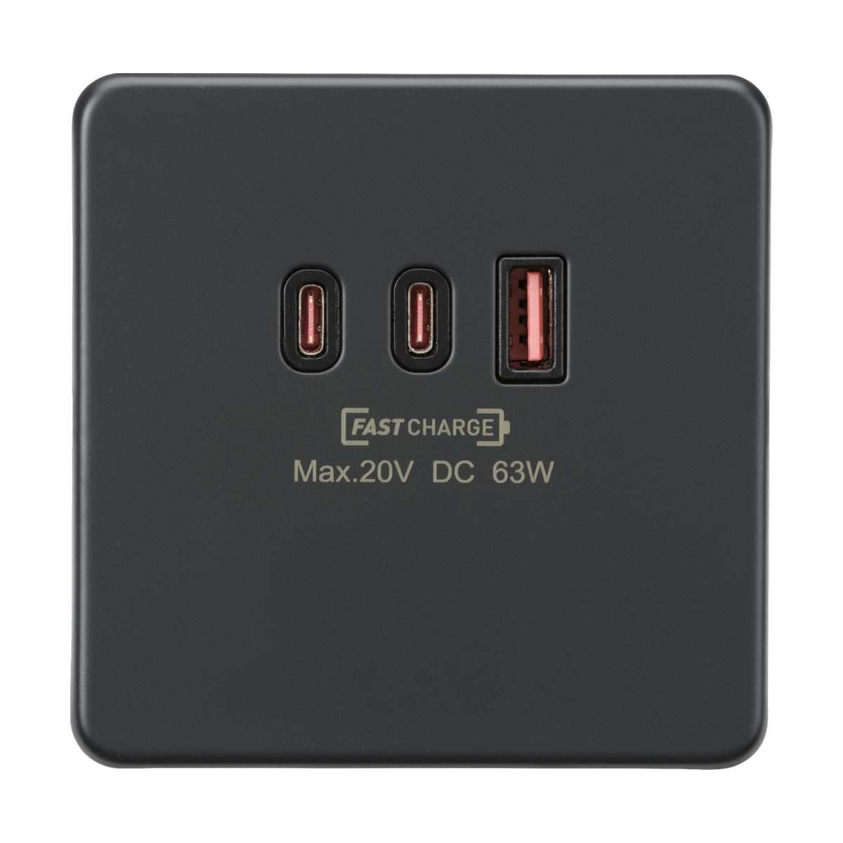 Introducing the "Triple USB Charger Plate," an anthracite wall charger with a sleek, low-profile design. It is equipped with three ports: two USB-C for efficient charging and one USB-A. The charger, featuring "Fast Charge" branding, delivers a power rating of Max. 20V DC 63W – ideal for multiple users.