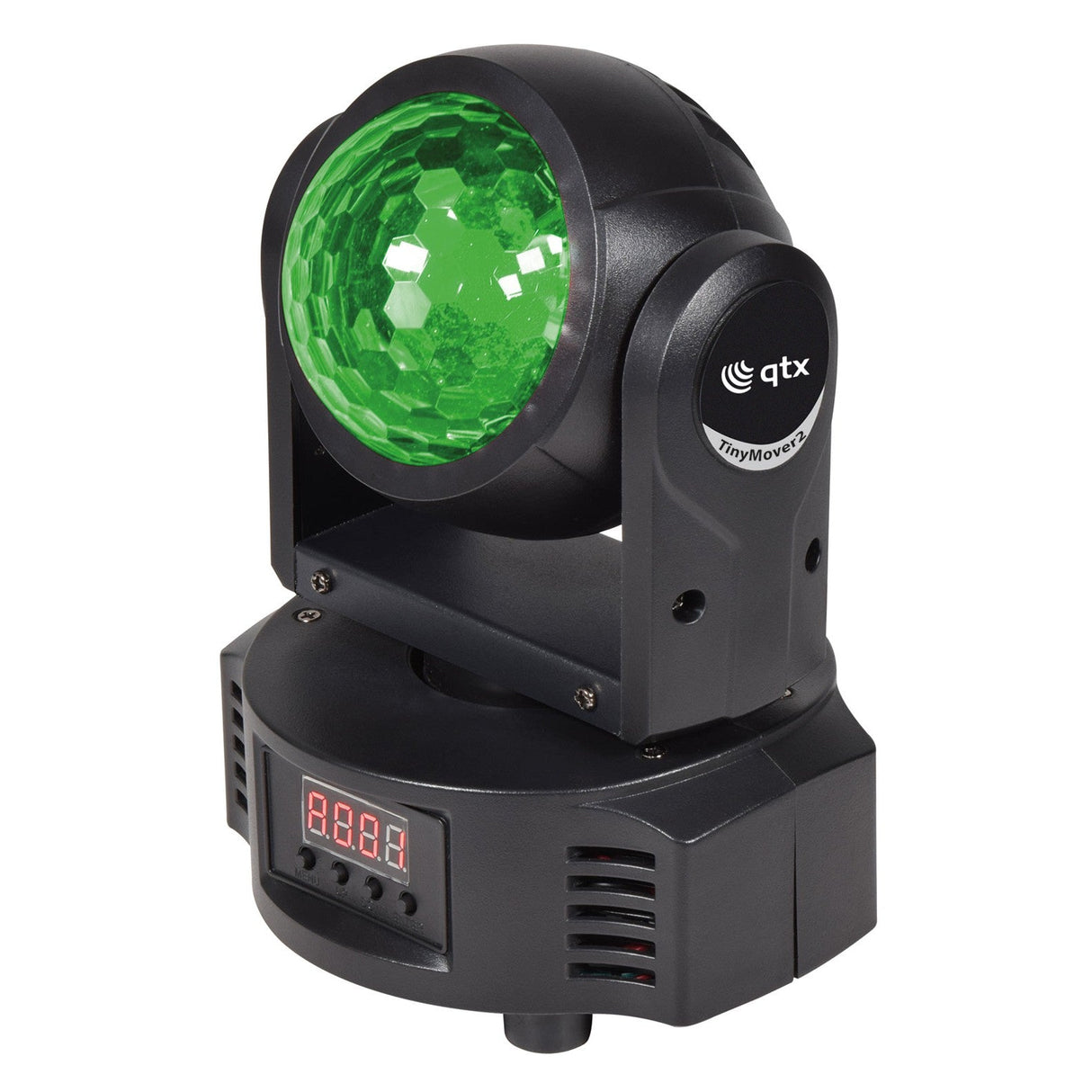 The QTX 2-In-1 40W LED Moving Head Light - RGBW is a compact black stage or party lighting device featuring a green faceted lens, digital display, and control buttons for versatile lighting effects.