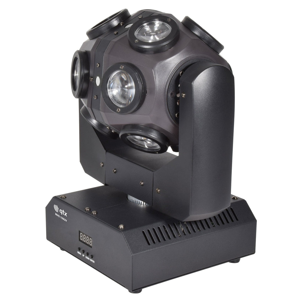 The QTX LED Orbital UV Moving Head Light - RGBW is a black stage fixture with a rotating spherical head, several round lenses, digital display, vents, and an angular stand—ideal for DMX lighting effects.