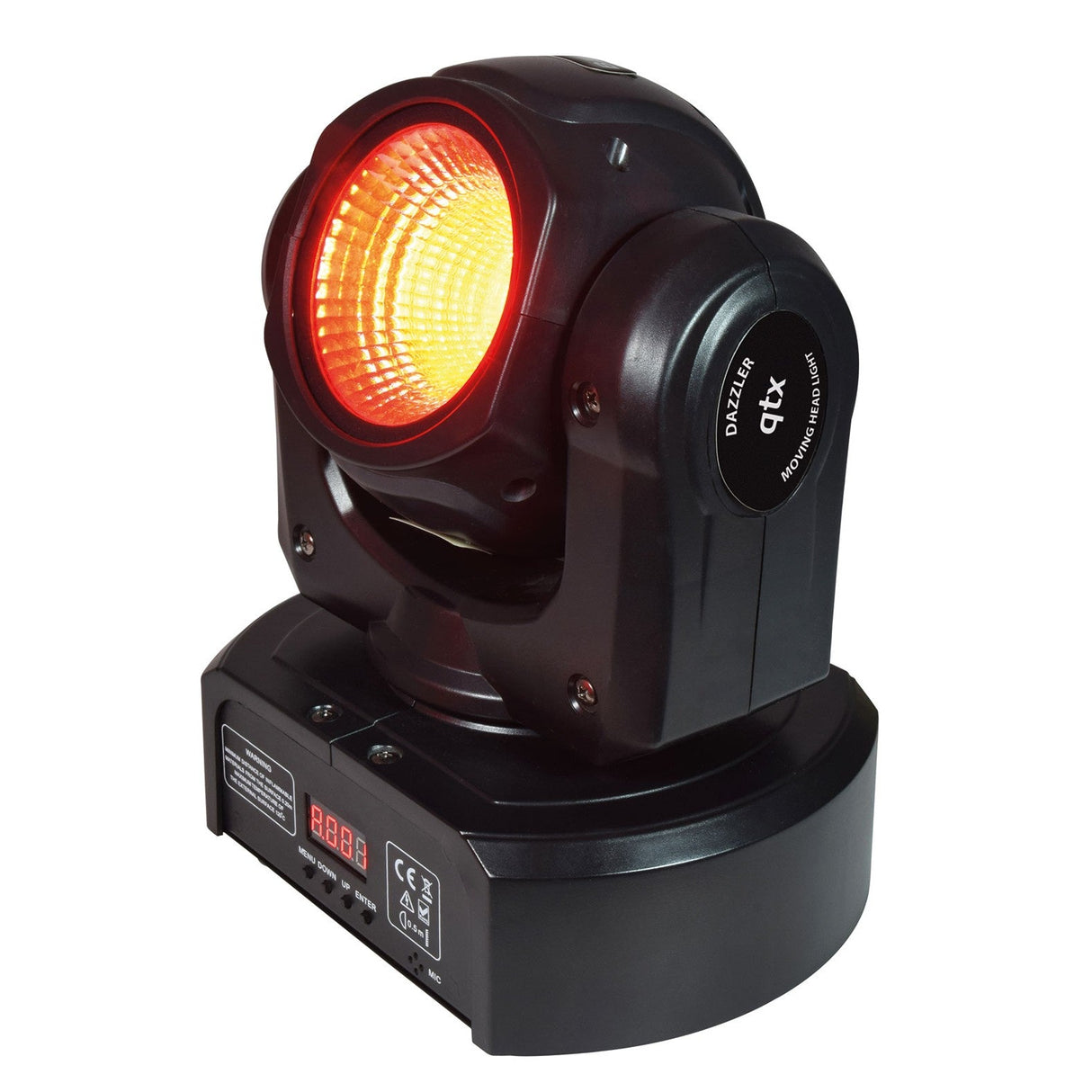 The QTX LED Moving Head Light - RGBWA is a black 80W COB LED stage light with a red lens, shown on a white background. Its base has control buttons and a digital display, making it a versatile DMX stage light for dynamic performances.