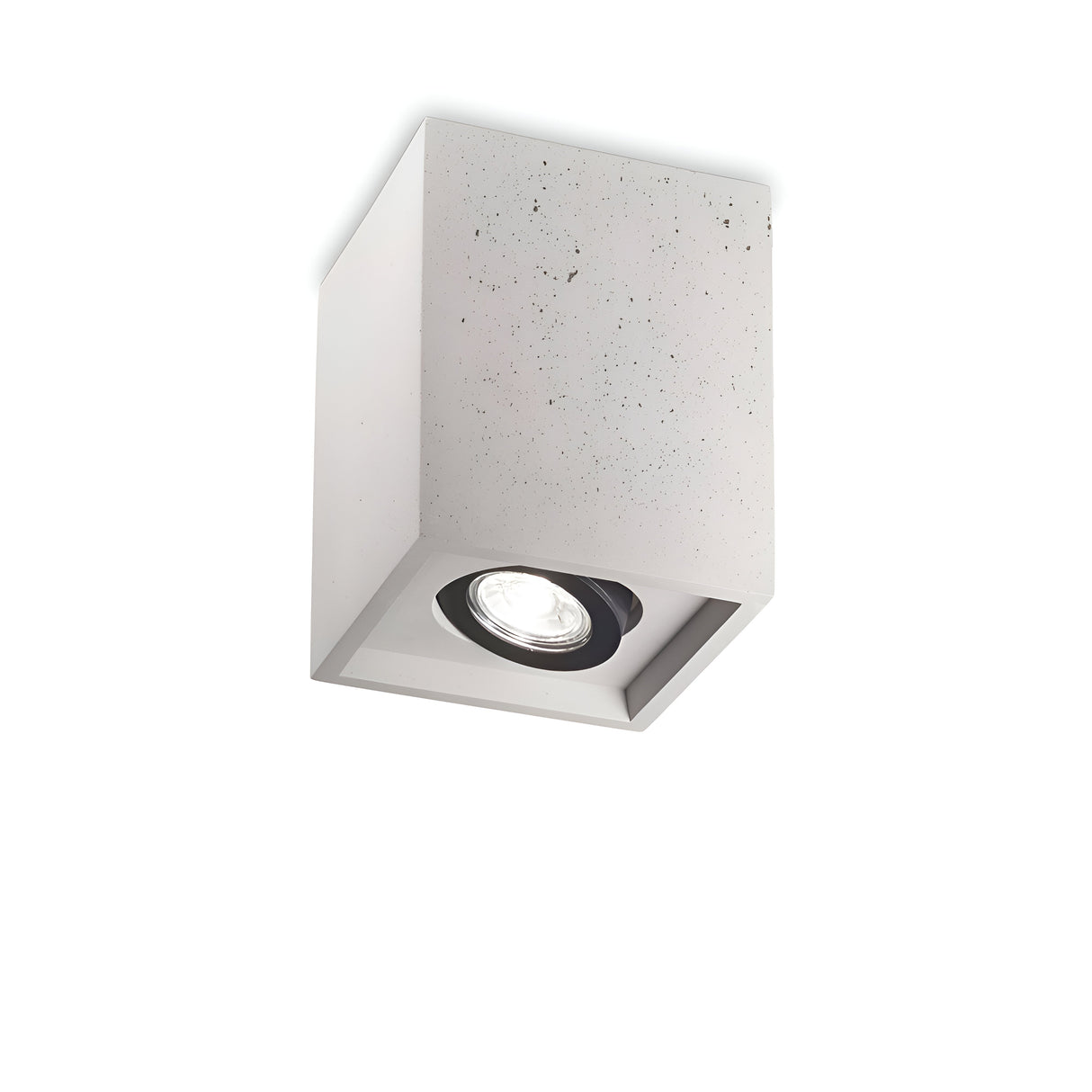 The Muse Square Downlight - Grey is a contemporary ceiling light fixture with a square concrete housing and a circular recessed bulb. It showcases a minimalist design that includes an adjustable downlight, smooth grey finish, and natural stone texture, embodying the elegance of industrial design.