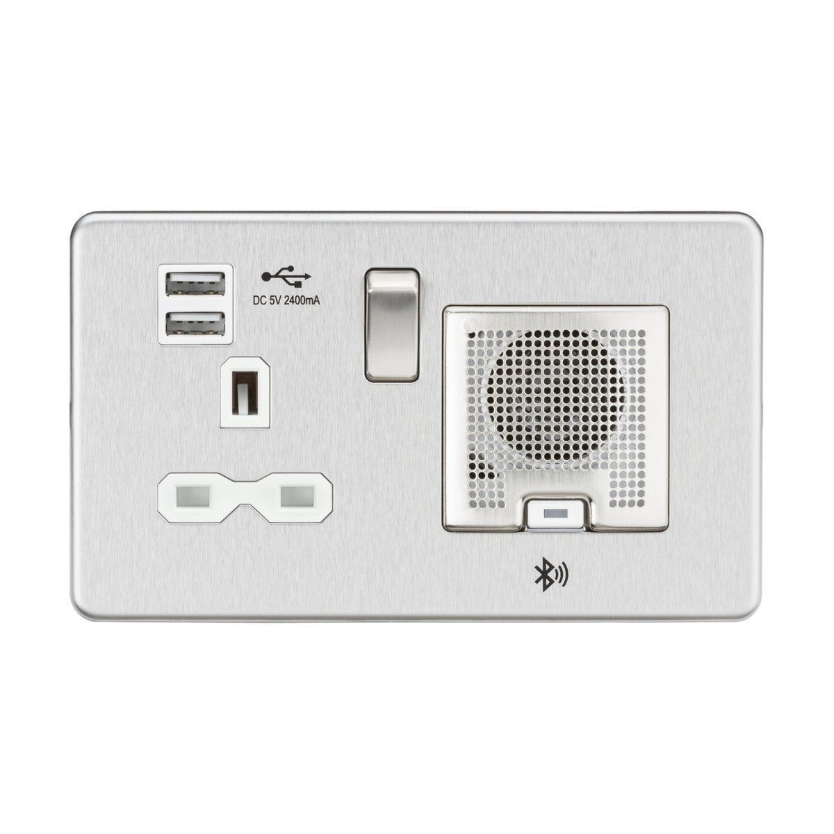 13A Socket Bluetooth Speaker and Dual USB A+A (5V DC 2.4A shared) - Brushed Chrome with White Insert