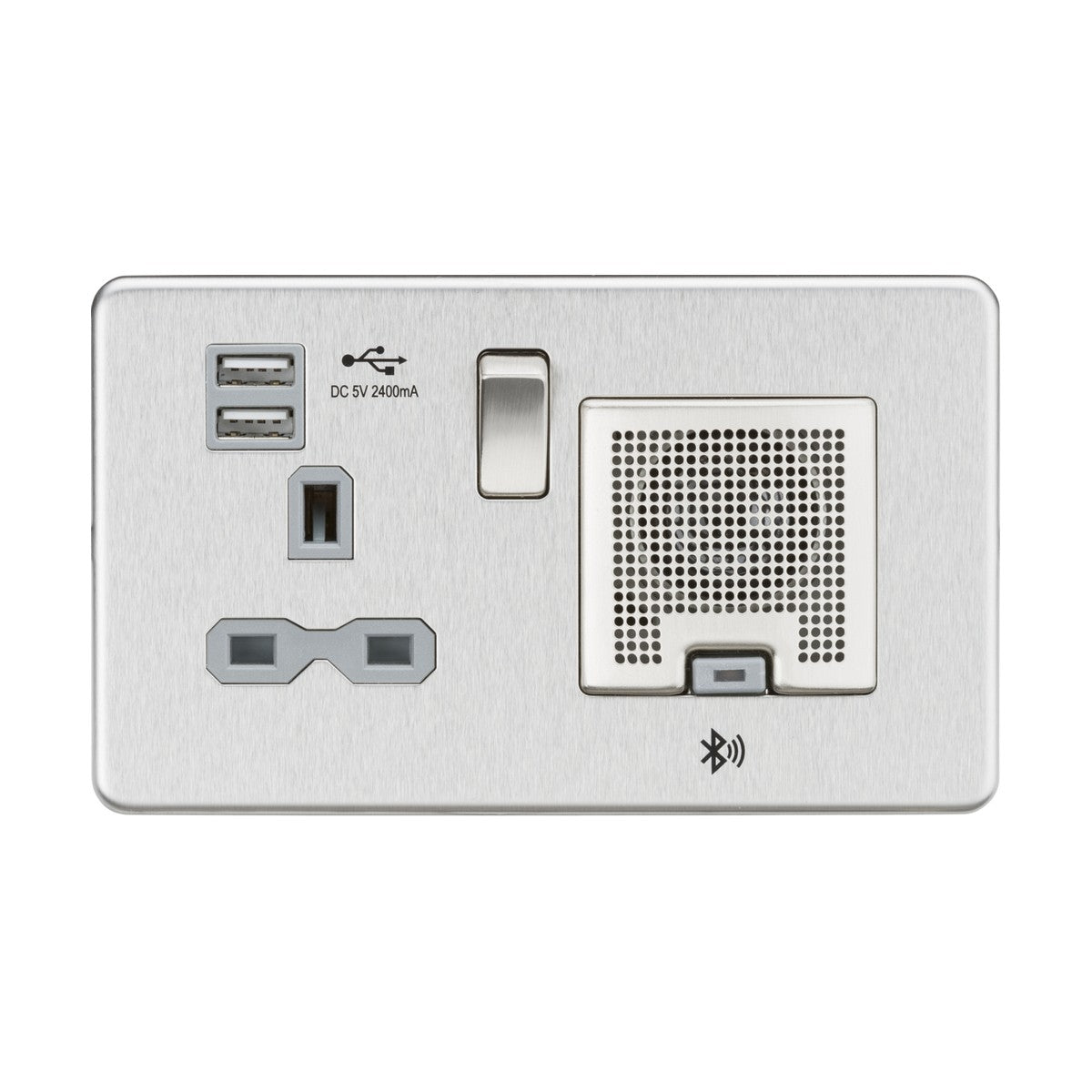 13A Socket Bluetooth Speaker and Dual USB A+A (5V DC 2.4A shared) - Brushed Chrome with Grey Insert