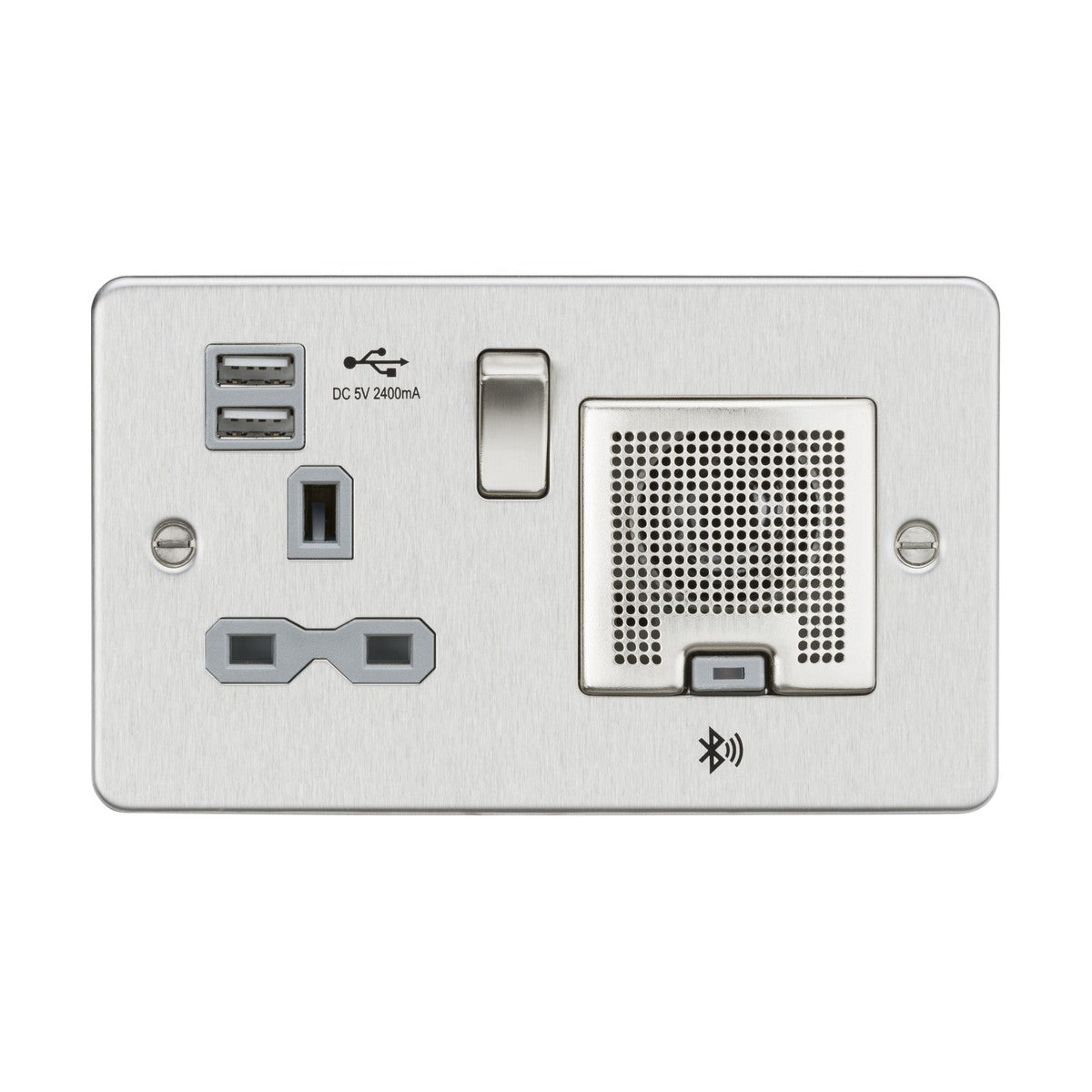 13A Socket Bluetooth Speaker and Dual USB A+A (5V DC 2.4A shared) - Brushed Chrome with Grey Insert