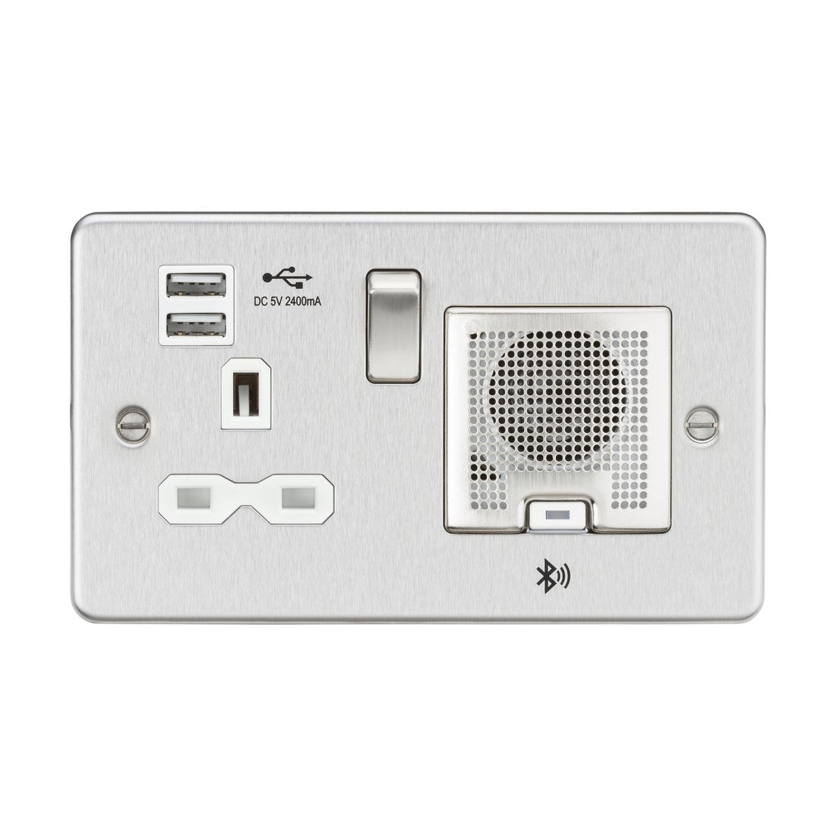 13A Socket Bluetooth Speaker and Dual USB A+A (5V DC 2.4A shared) - Brushed Chrome with White Insert