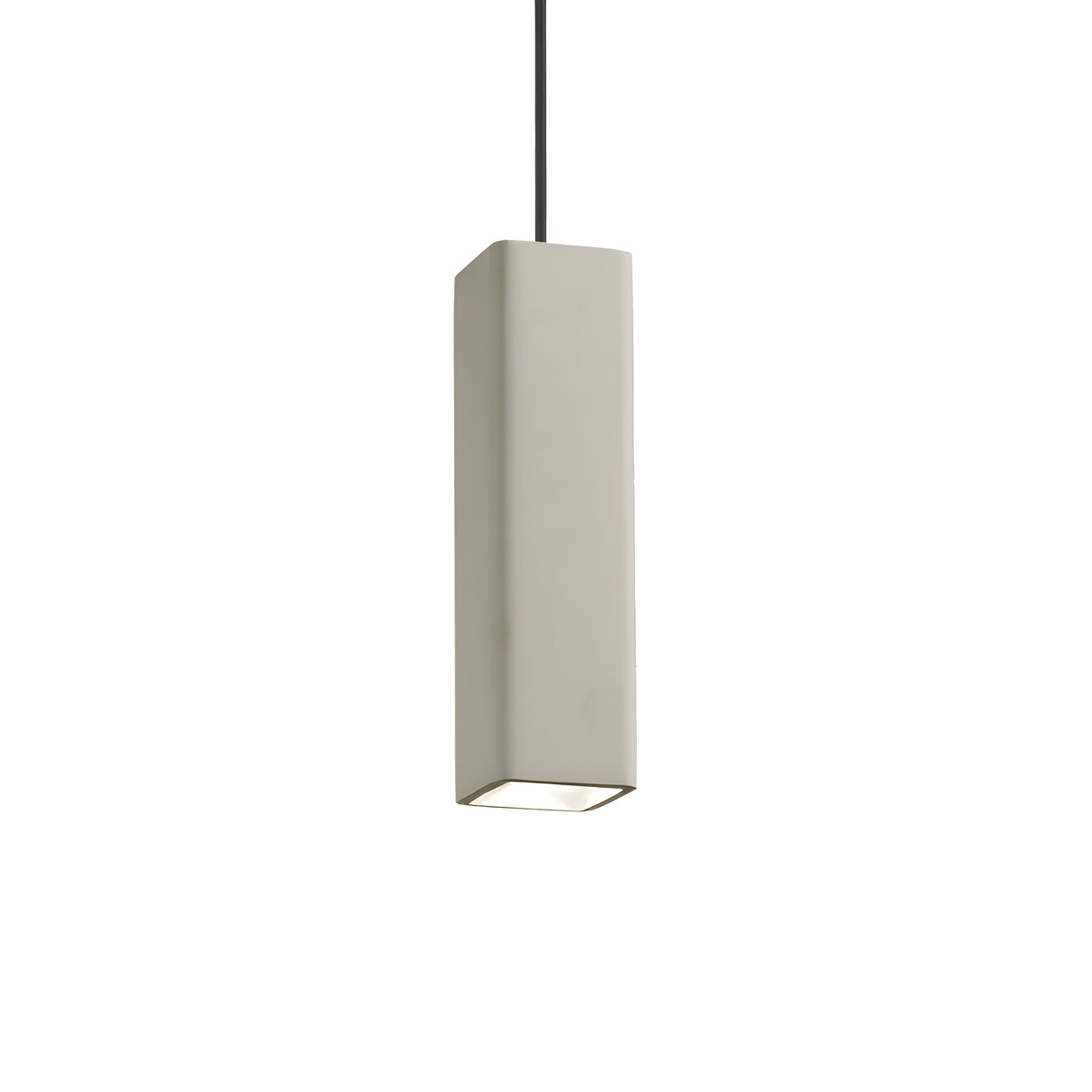 The Muse 1 Light Square Concrete Pendant in grey showcases a minimalist square design with a smooth finish, suspended from a sleek black cord against a white background. This geometric lighting fixture enhances modern interiors with its simple, elegant design.