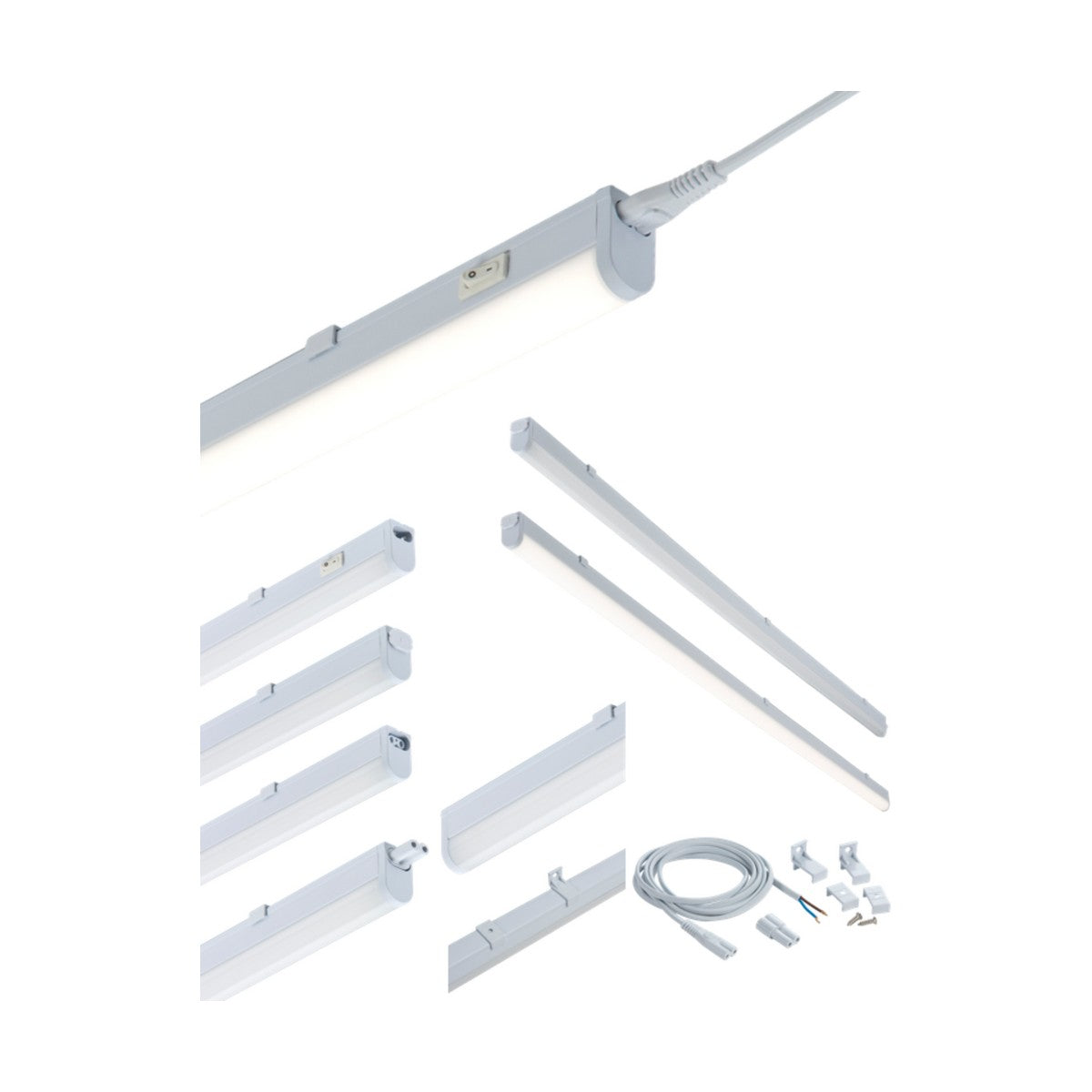 An image of the 22W Linkable LED Striplight 4000K - 1438mm, ideal for kitchen or retail use, featuring connectors, mounting brackets, and an extension cord. The components are neatly organized to display various sections and accessories of the LED striplight system against a white background.